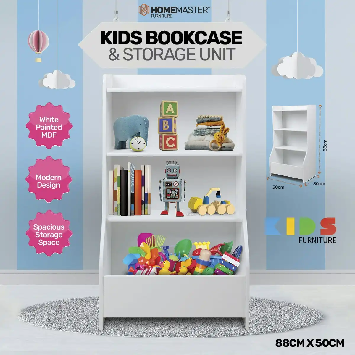 Home Master Kids White Bookcase & Storage Spacious Stylish Shelving 88 x 50cm