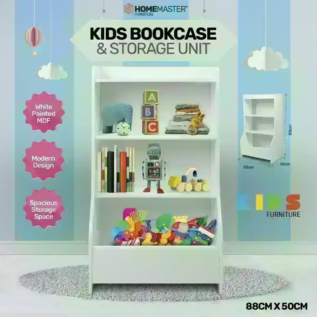 Home Master® Kids White Bookcase & Storage Spacious Stylish Shelving 88 x 50cm