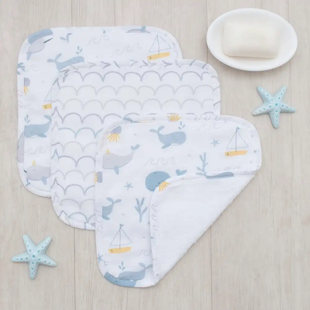 Muslin 3 Pack Wash Cloths Whale of a Time
