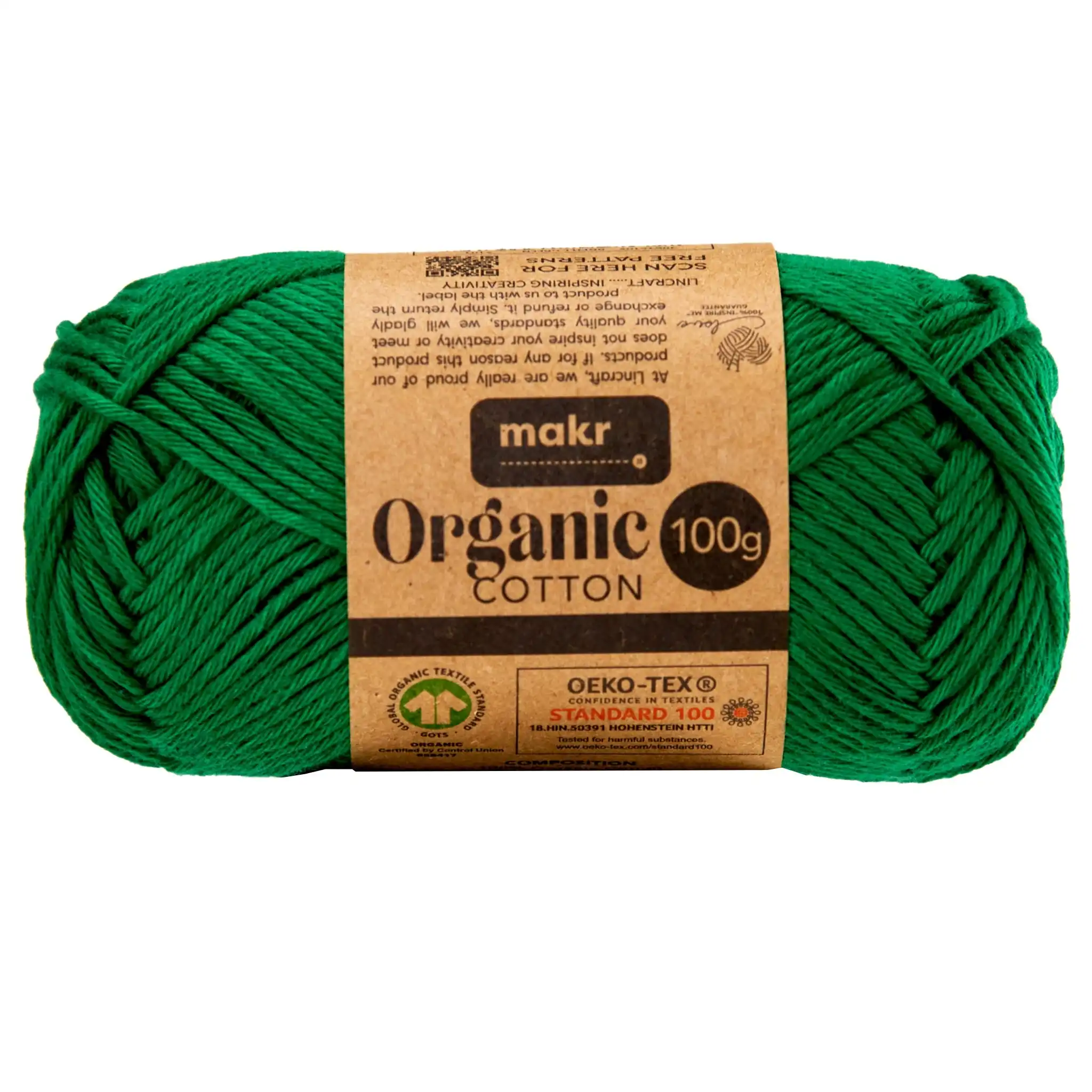 Makr Organic Cotton Crochet & Knitting Yarn, Bottle Green- 100g Cotton Yarn