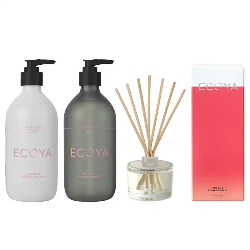 Ecoya Guava & Lychee The Fragrant Bathroom set - Hand & Body Wash, Lotion and Mini Diffuser