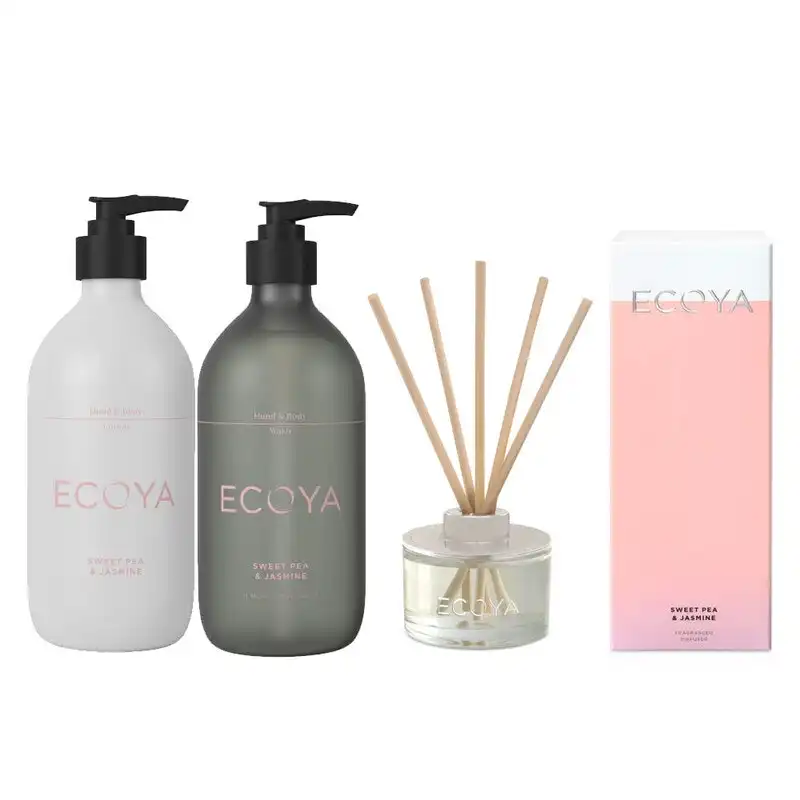 Ecoya Sweet Pea & Jasmine The Fragrant Bathroom set - 450ml Wash, 450ml Lotion, 50ml Diffuser