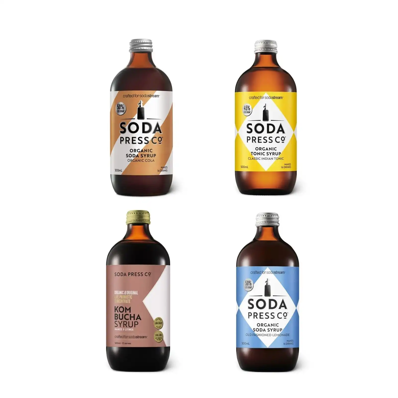 SodaStream Soda Press Assorted 4 Pack Organic Syrup Flavours 500ml-Indian Tonic, Kombucha, Cola, Lemonade