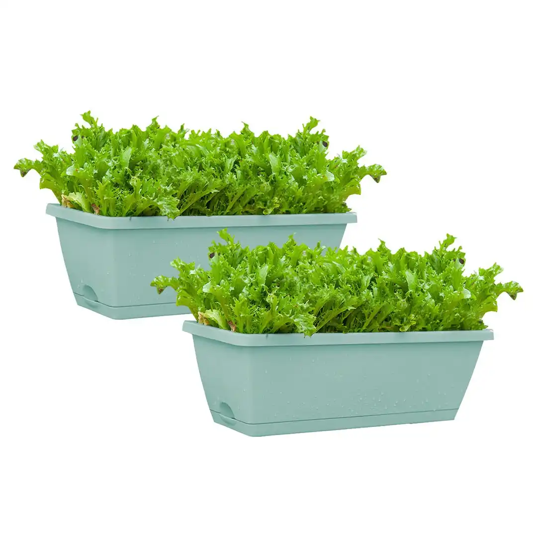 Soga 49.5cm Green Rectangular Planter Vegetable Herb Flower Outdoor Plastic Box with Holder Balcony Garden Decor Set of 2