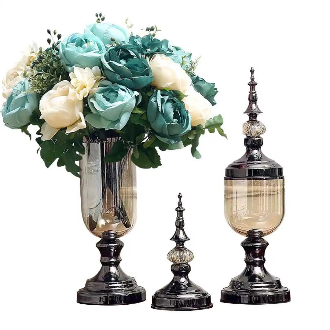 Soga 2 x Clear Glass Flower Vase with Lid and Blue Flower Filler Vase Black Set