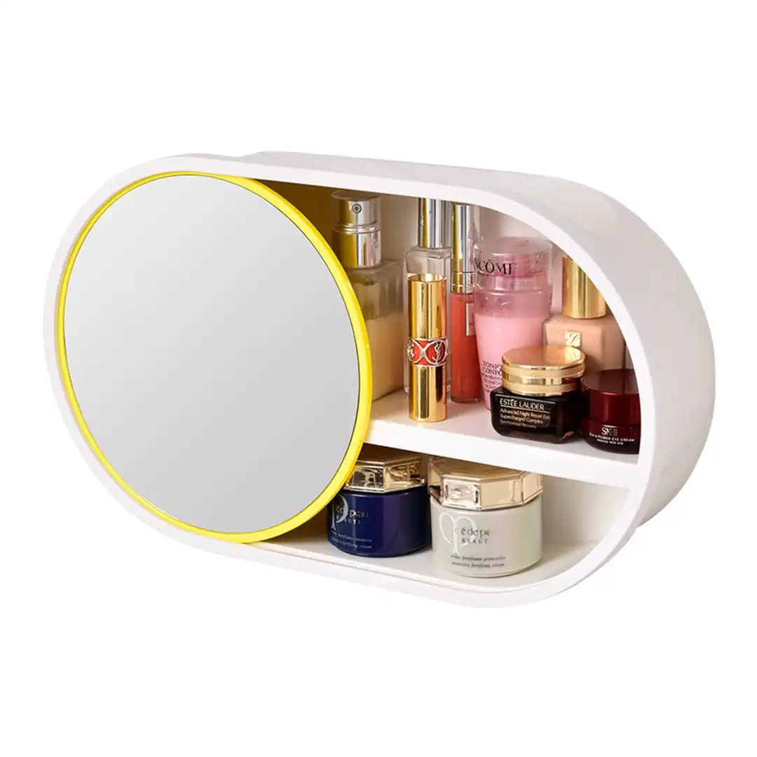 Soga 39cm Oval Wall-Mounted Mirror Storage Box Vanity Mirror Rack Bathroom Adhesive Shelf Home Organiser Decor