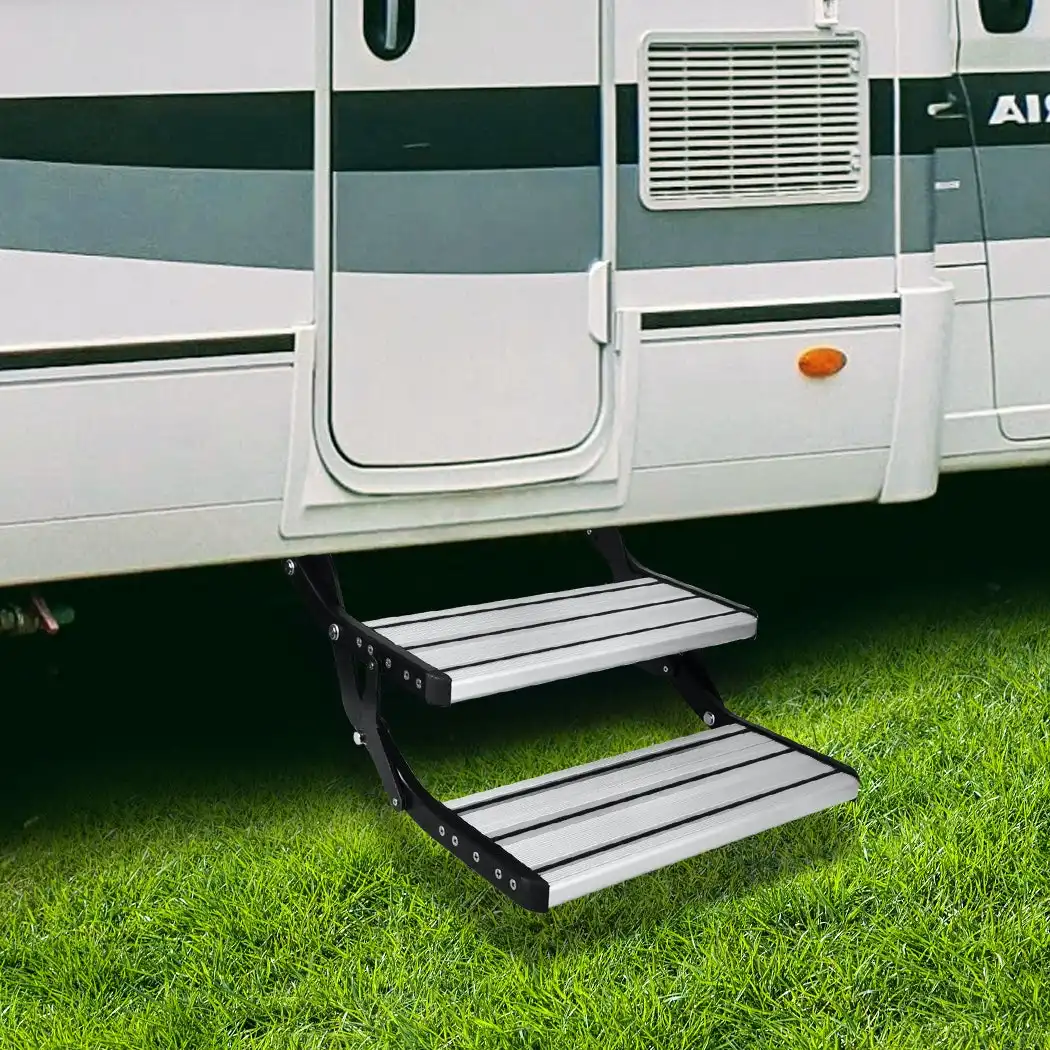 Double Caravan Step Folding Steps Pull Out Aluminium Camper Trailer Motorhome RV