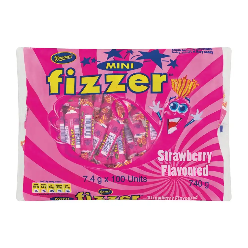 100pc Beacon Mini Fizzer 740g Fruity Chewy Confectionery Candy/Lolly Strawberry