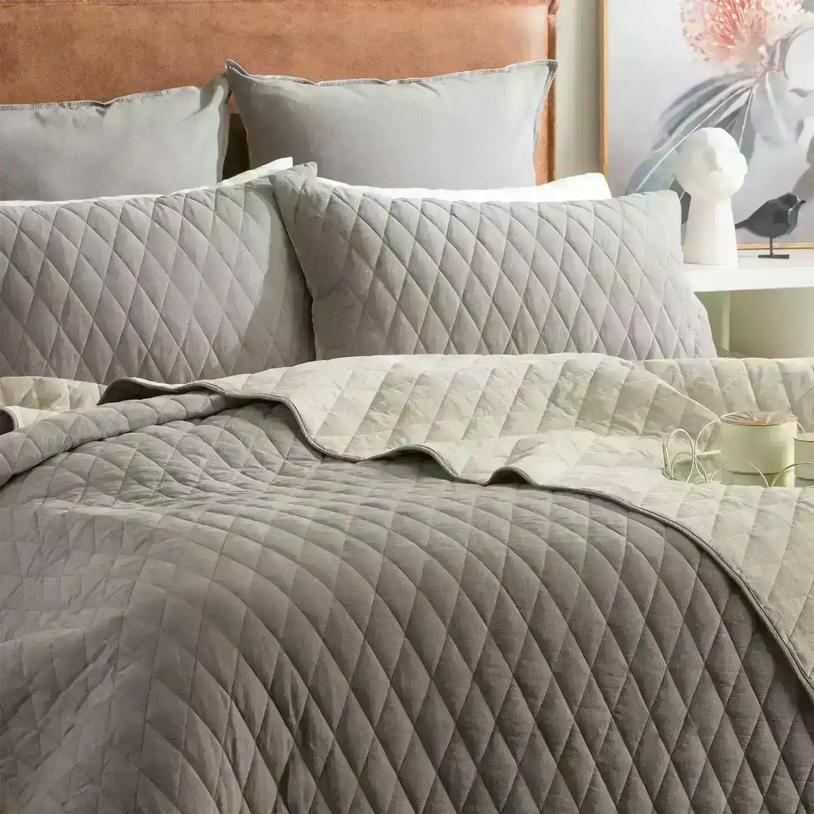 Coverlet Diamante Quilted Cotton Reversible Set Charcoal