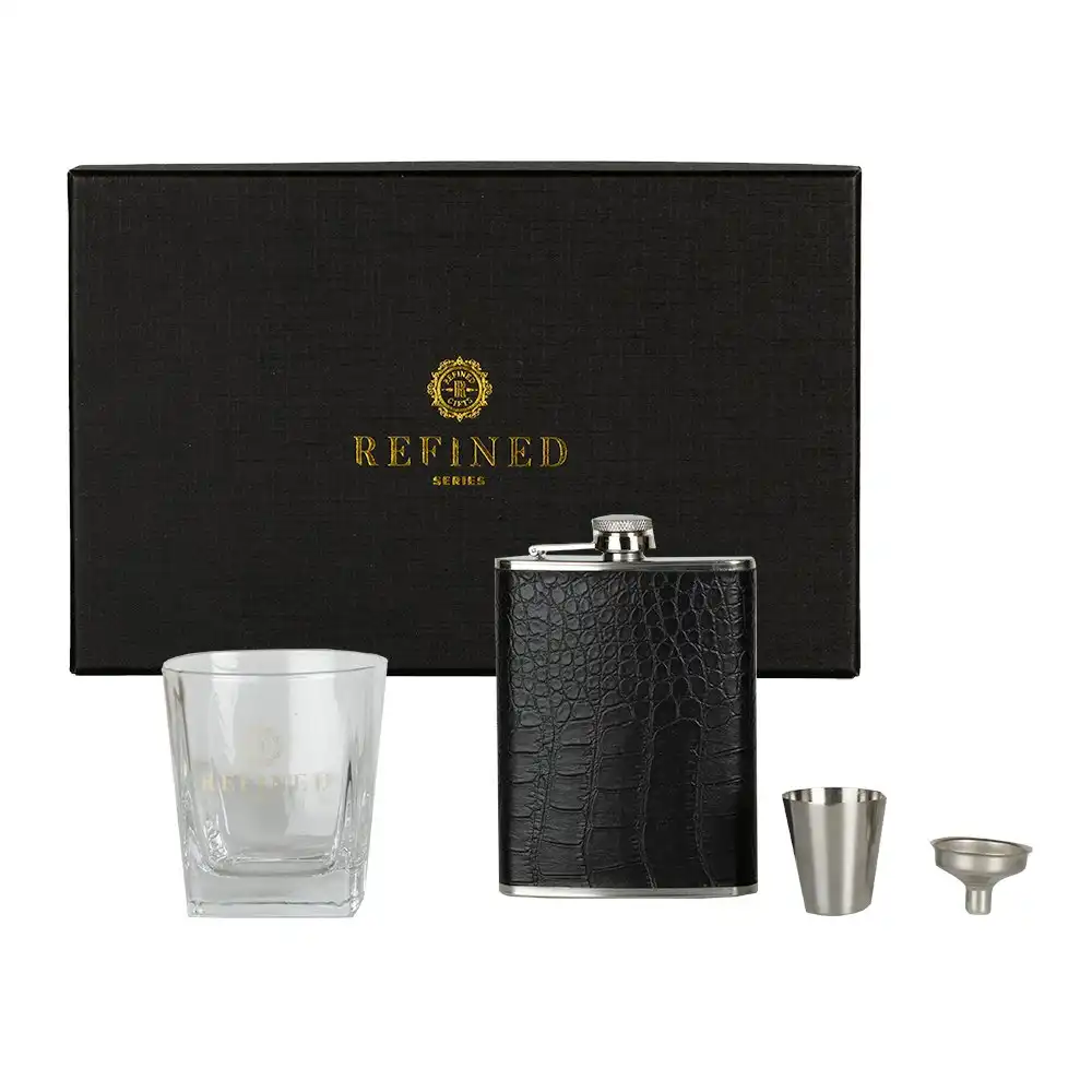 Hip Flask Gift Pack Textured Black Leather