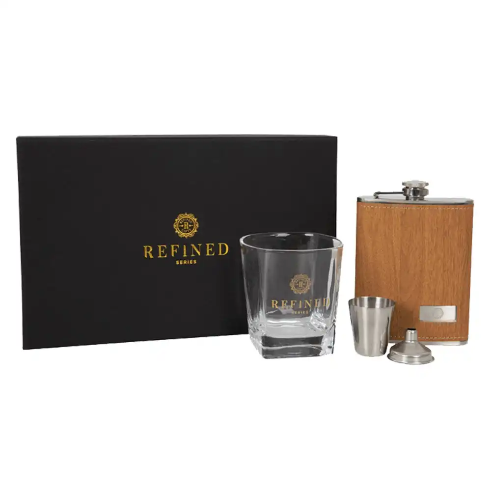 Refined Gifts Wood Grain Hip Flask Gift Pack
