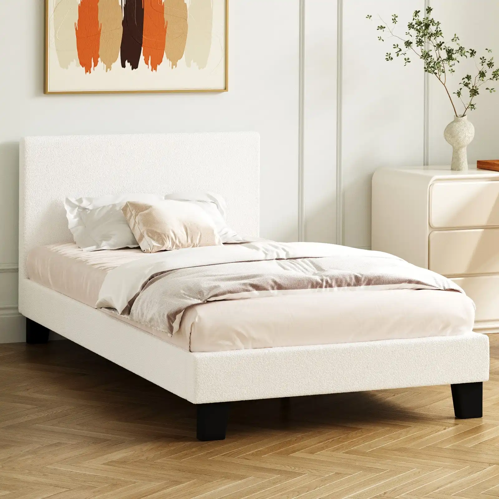 Oikiture Bed Frame Single Size Mattress Base Boucle Fabric Platform Wooden Slats