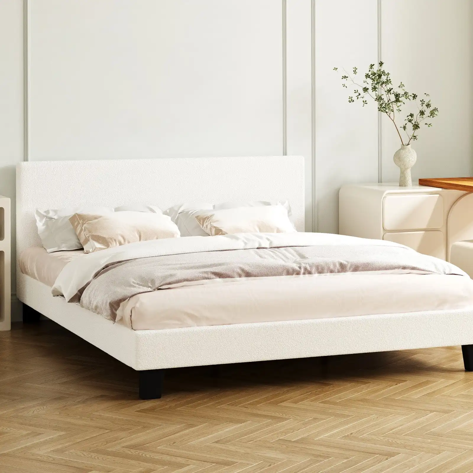Oikiture Bed Frame King Size Mattress Base Boucle Fabric Platform Wooden Slats