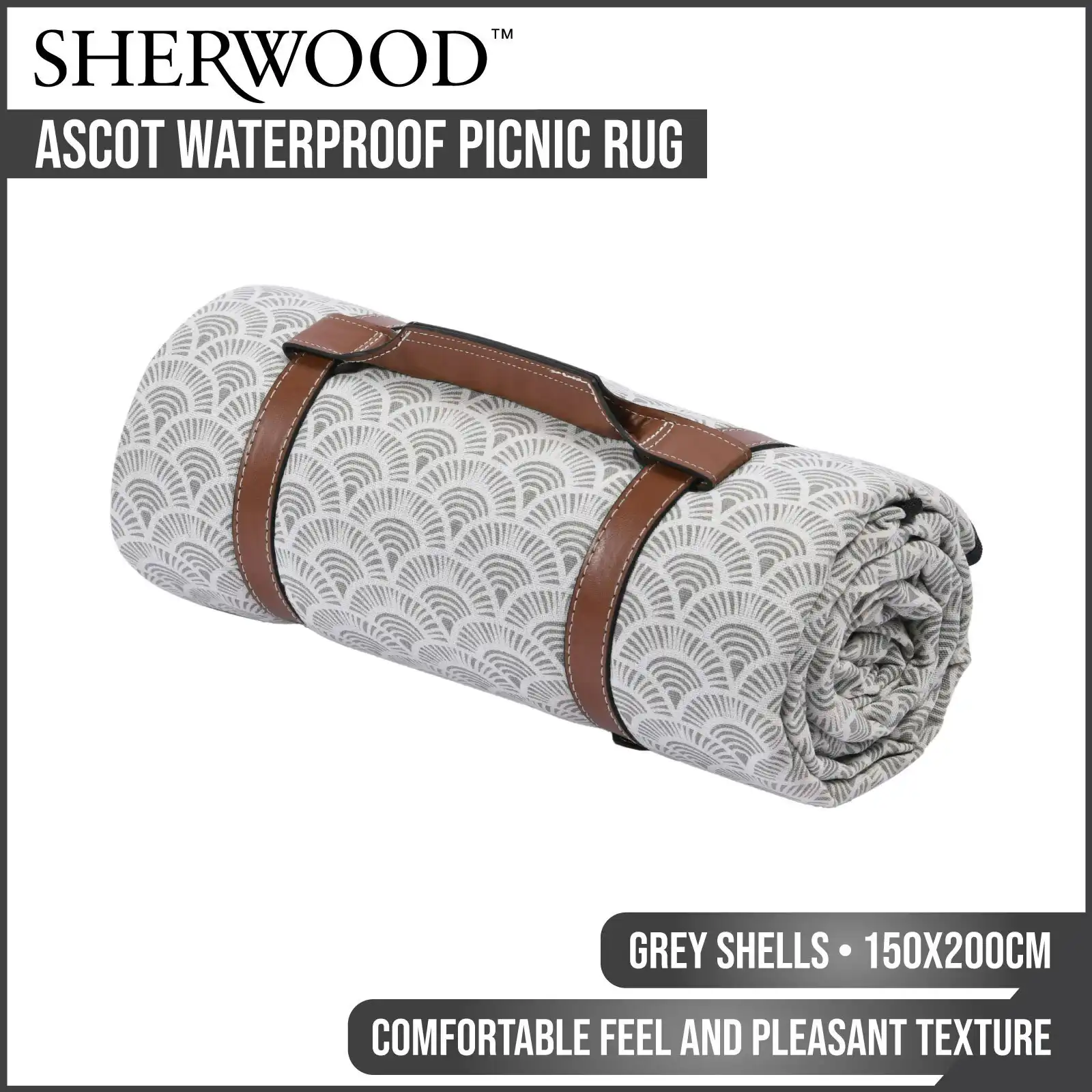Sherwood Ascot Waterproof Picnic Rug Grey Shells 150x200cm