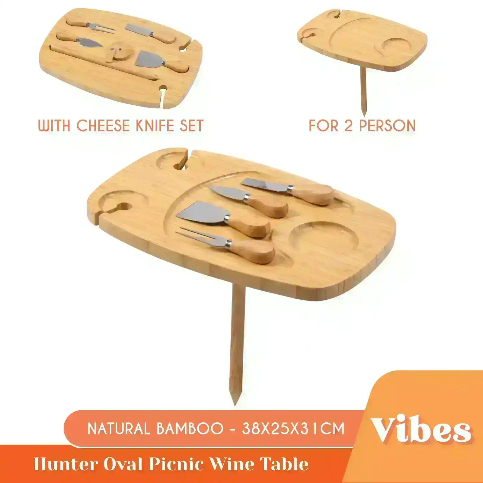 Vibes Hunter 2 Person Oval Picnic Wine Table with Cheese Knife Set - Natural Bamboo 38x25x31cm