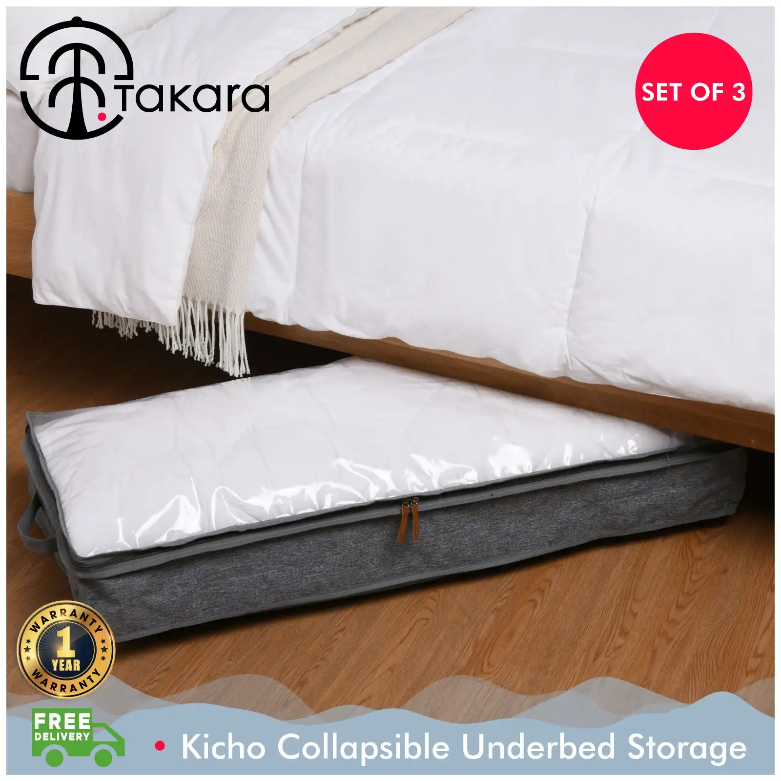 Takara Kicho Fabric Collapsible Underbed Storage Case Grey Set of 3