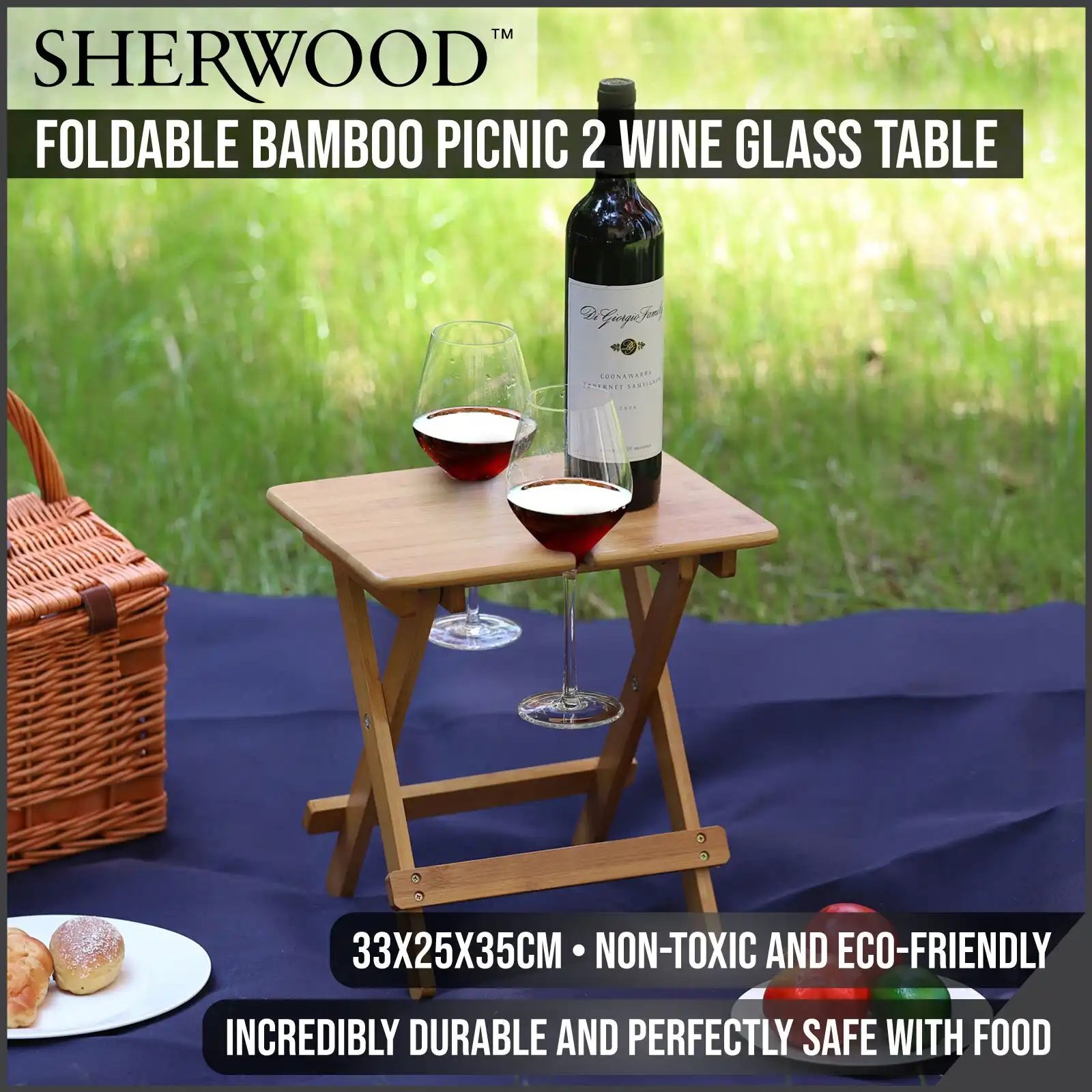 Sherwood Home Foldable Bamboo Picnic 2 Wine Glass Table - Natural Bamboo - Medium