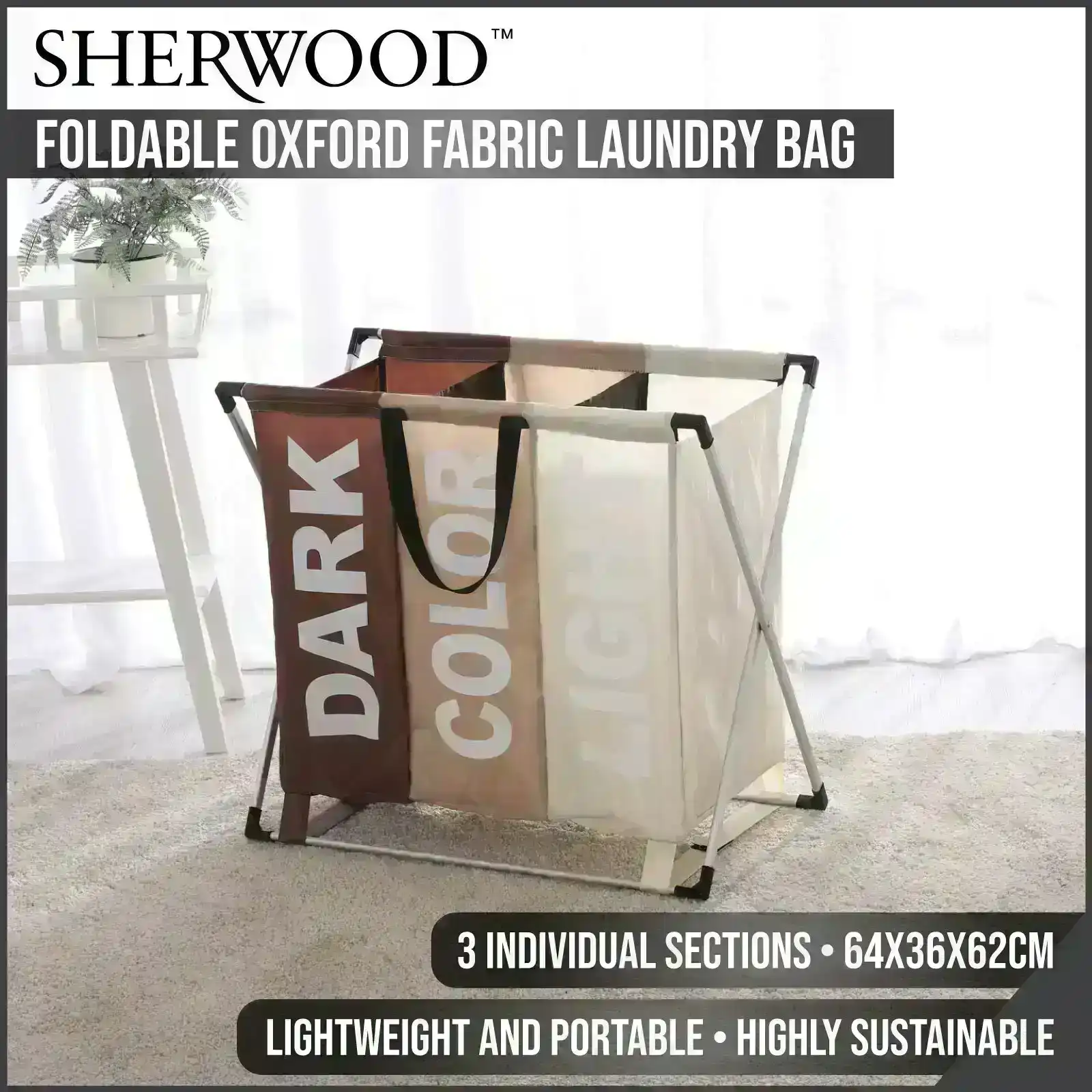 Sherwood Home Foldable Oxford Fabric Laundry Bag Aluminum Frame with 3 Individual Sections 64x36x62cm