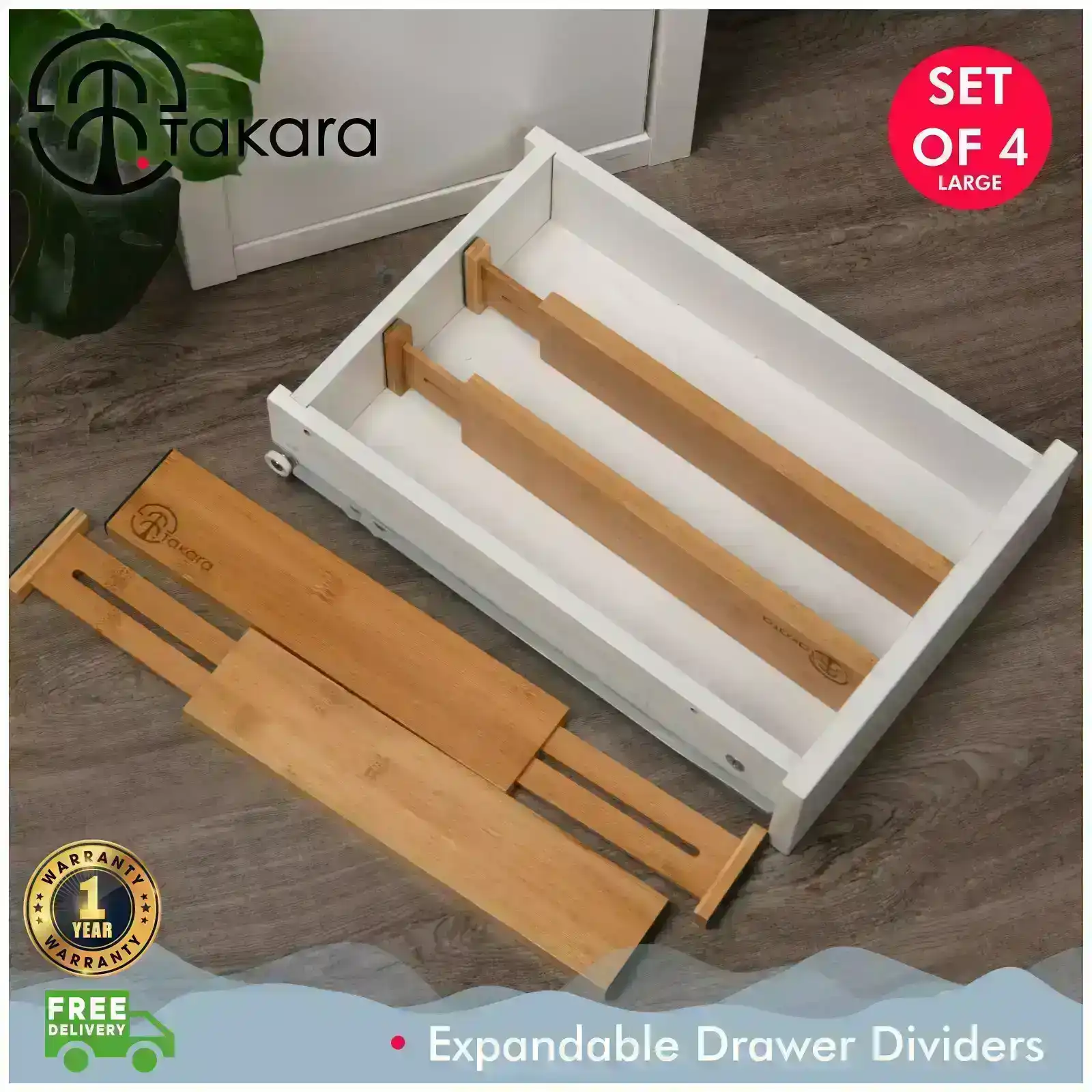Takara Expandable Drawer Dividers Set-of-4 Large 44.5-55.9x6.5x1.6cm