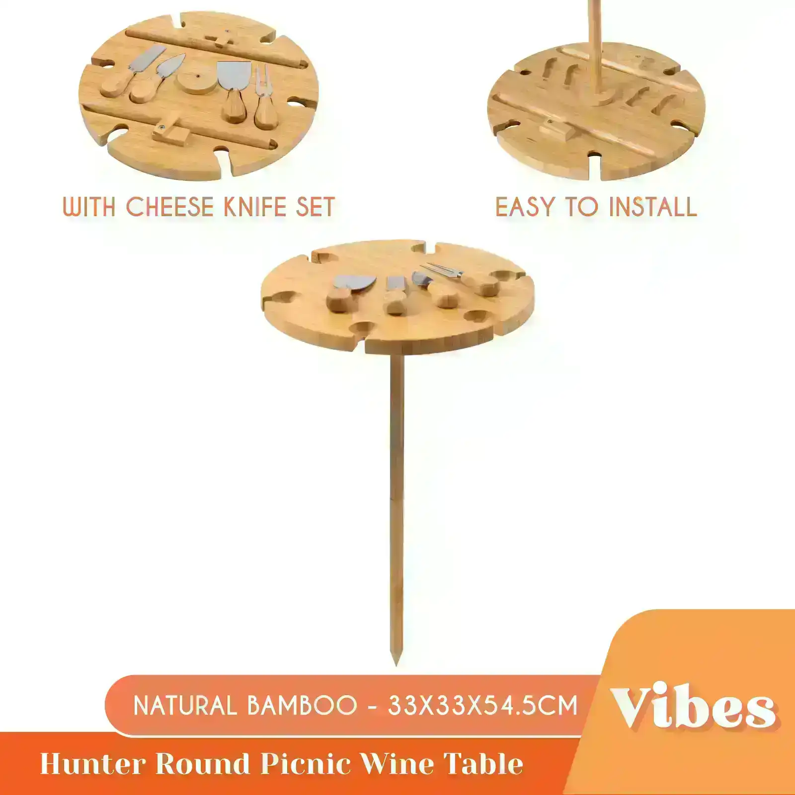 Vibes Hunter 6 Person Round Picnic Wine Table with Cheese Knife Set - Natural Bamboo 33x33x54.5cm