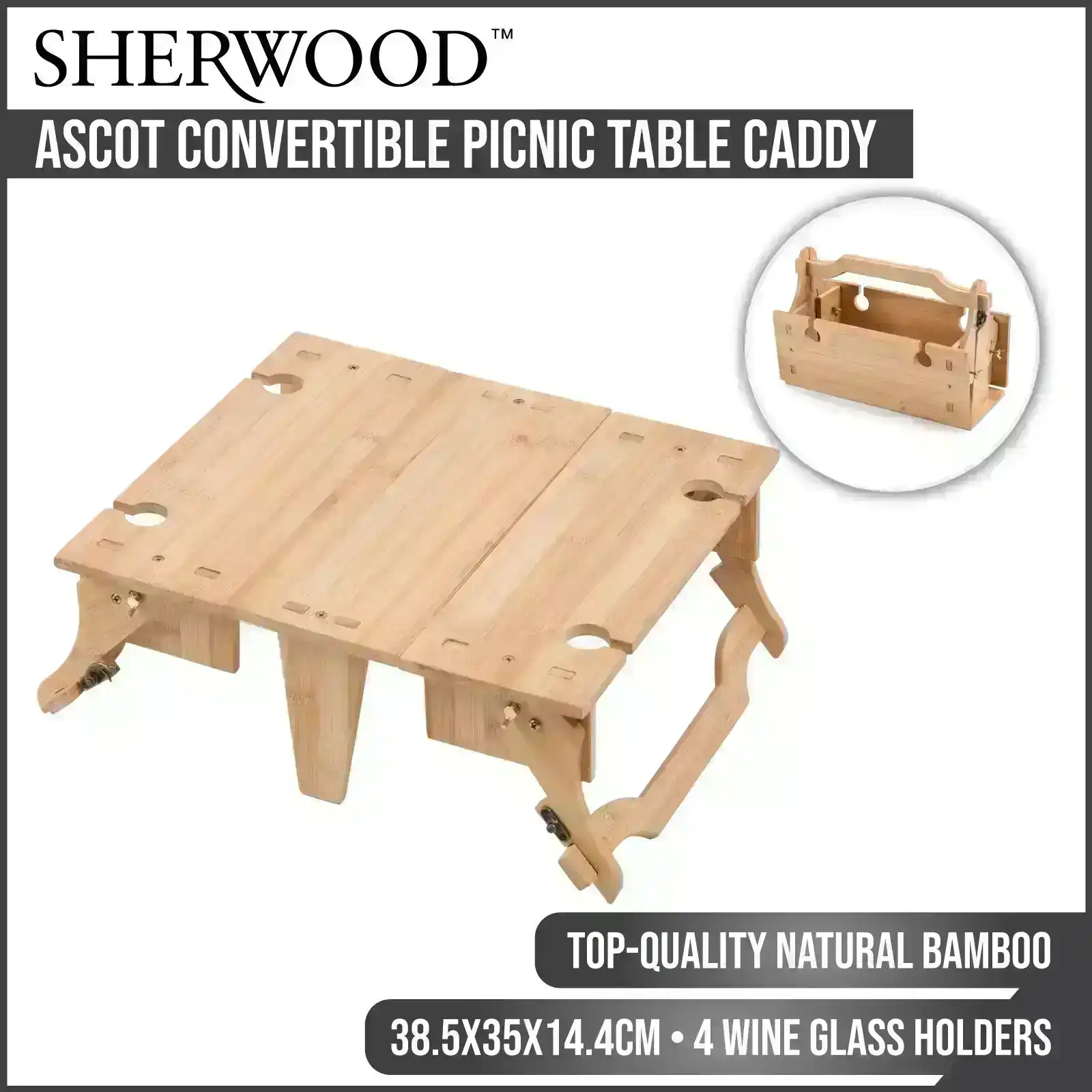Sherwood Ascot Bamboo Picnic Table Caddy - Natural Bamboo