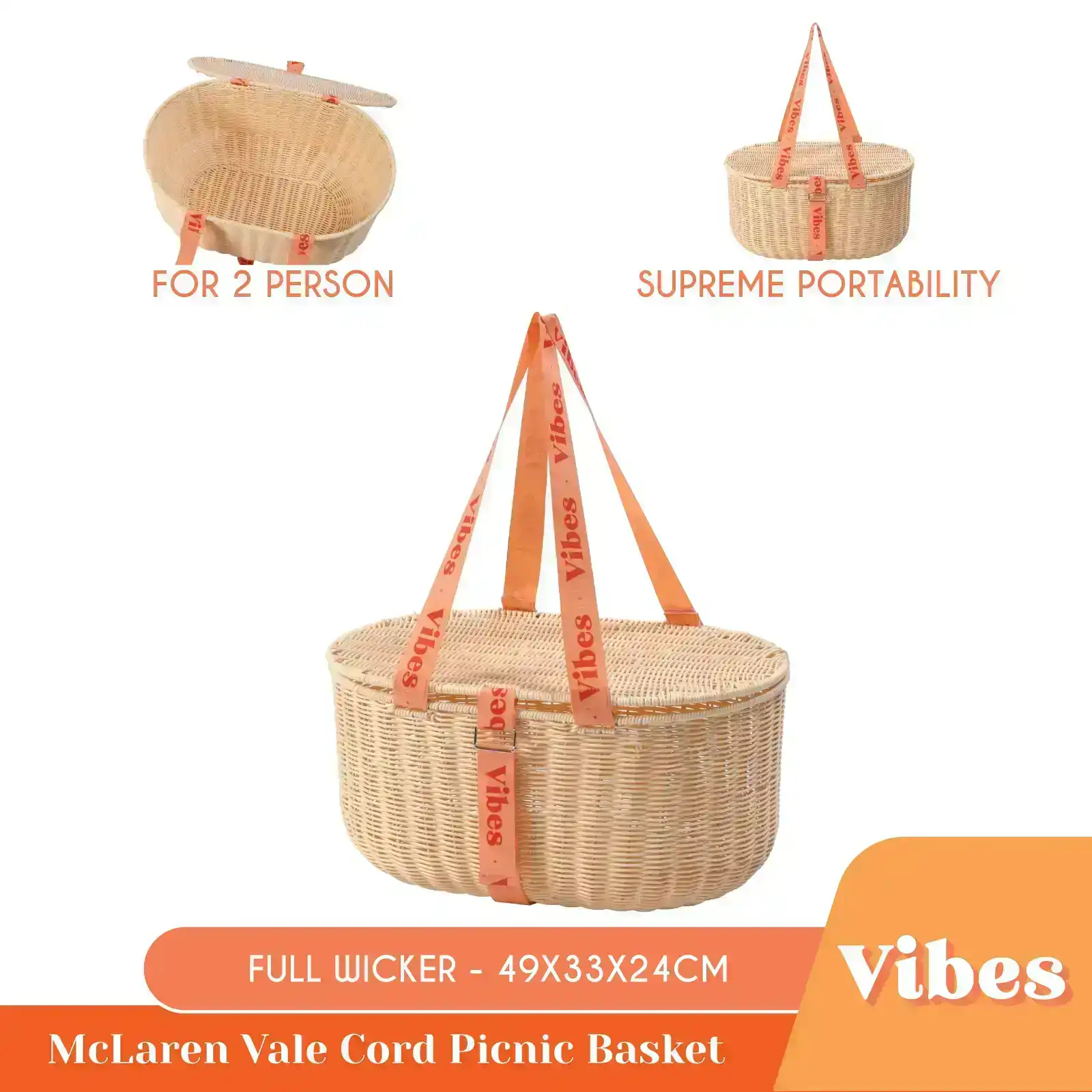 Vibes McLaren Vale 2 Person Wicker Cord Picnic Basket Tanned 49x33x24cm