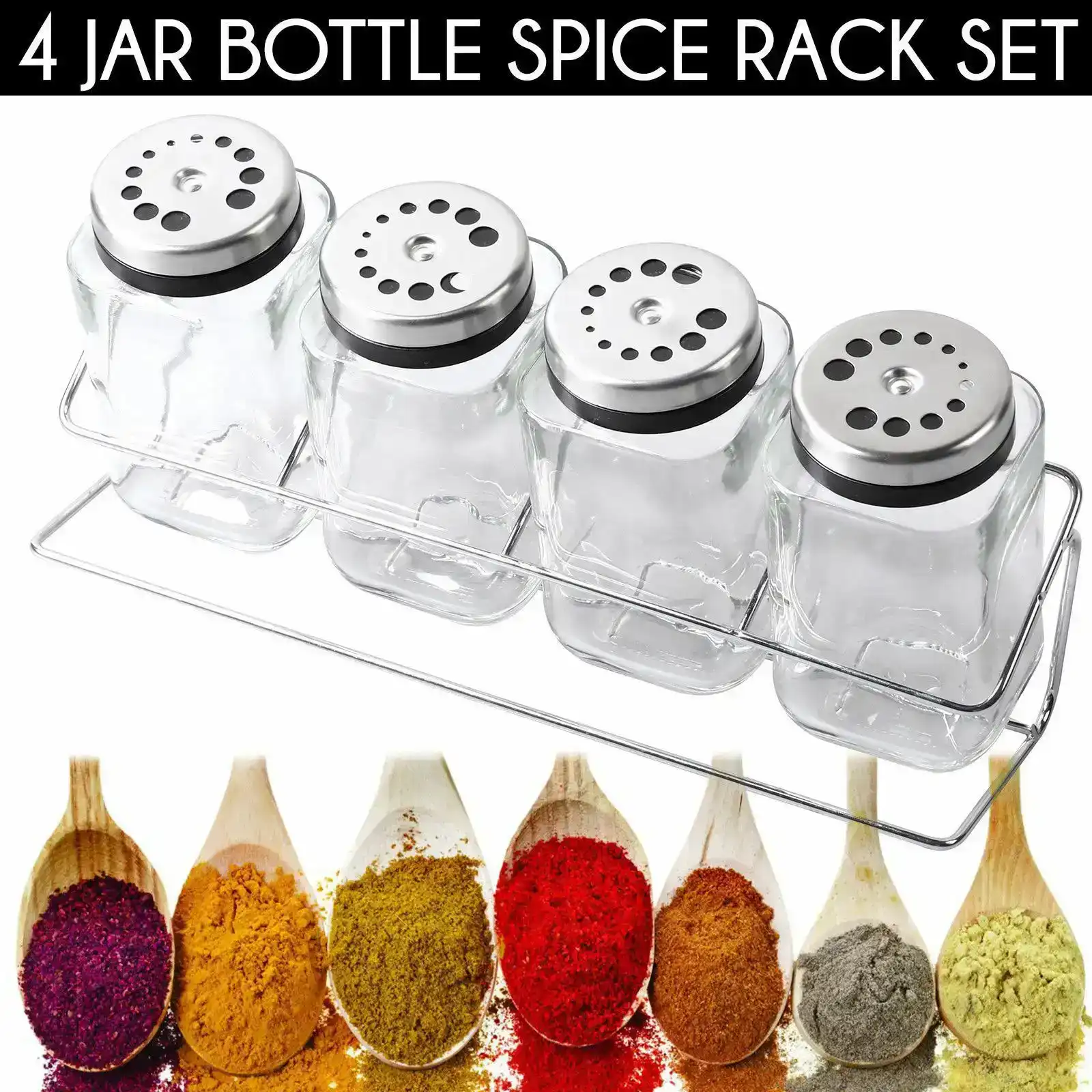 Gourmet Kitchen 4 Glass Jar Spice Stainless Steel Rack Set - Clear