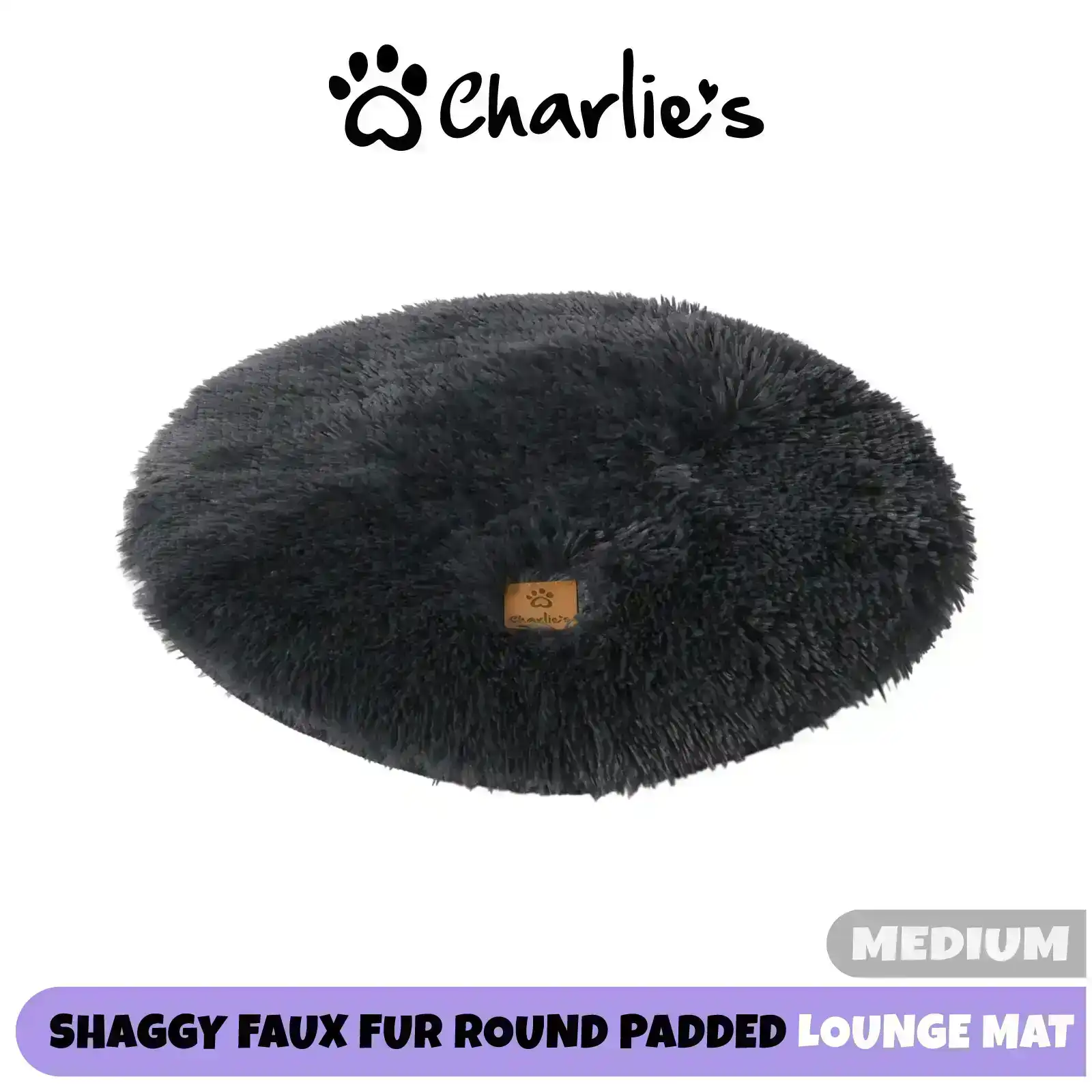 Charlie's Shaggy Faux Fur Round Calming Dog Mat Charcoal Medium