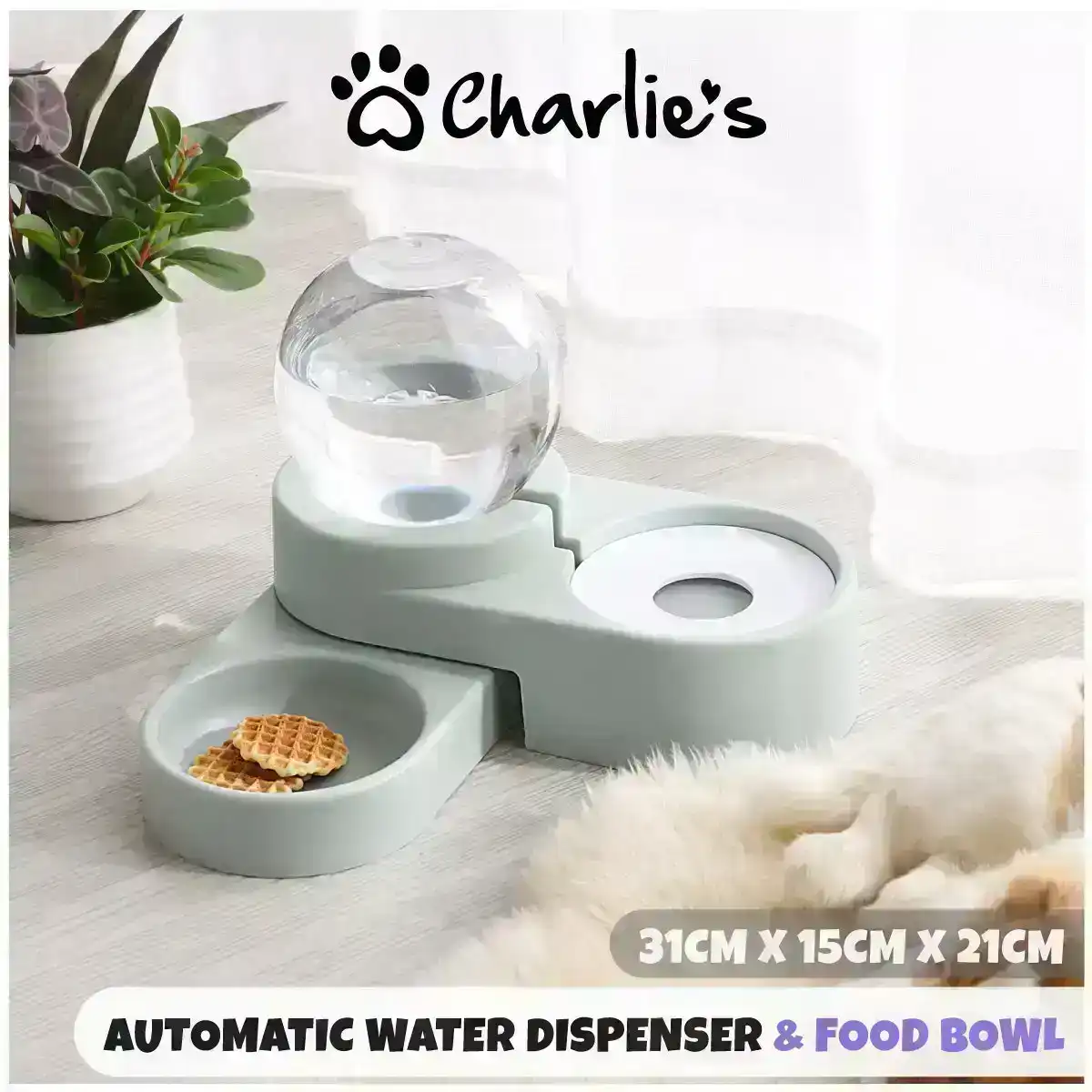 Charlie's Dog Gravity Water Feeder With Food Bowl Blue 31x15x21cm