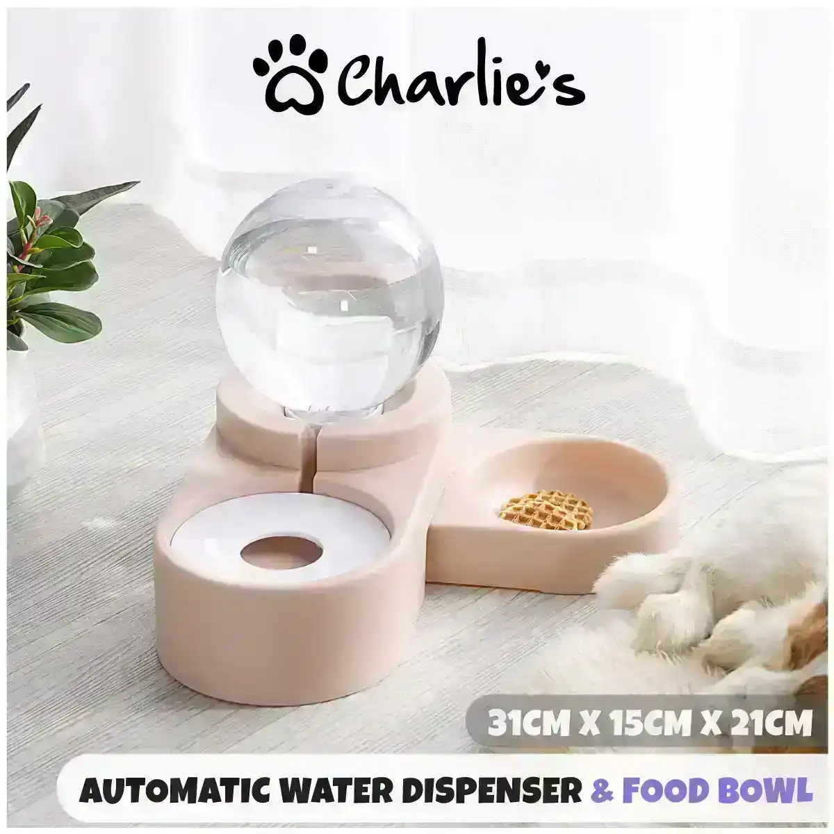 Charlie's Dog Gravity Water Feeder With Food Bowl Pink 31x15x21cm