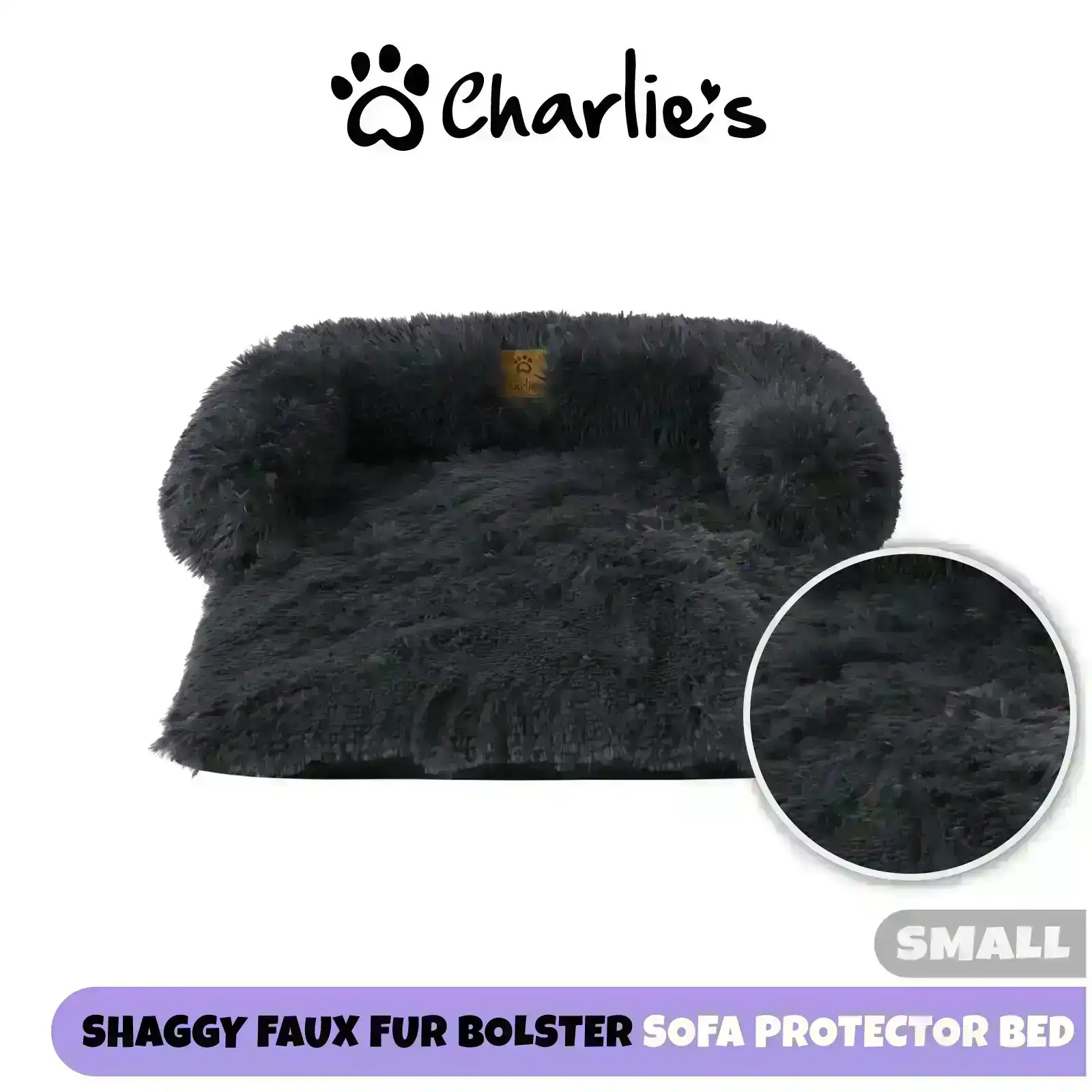 Charlie's Shaggy Faux Fur Bolster Sofa Protector Calming Dog Bed Charcoal Small