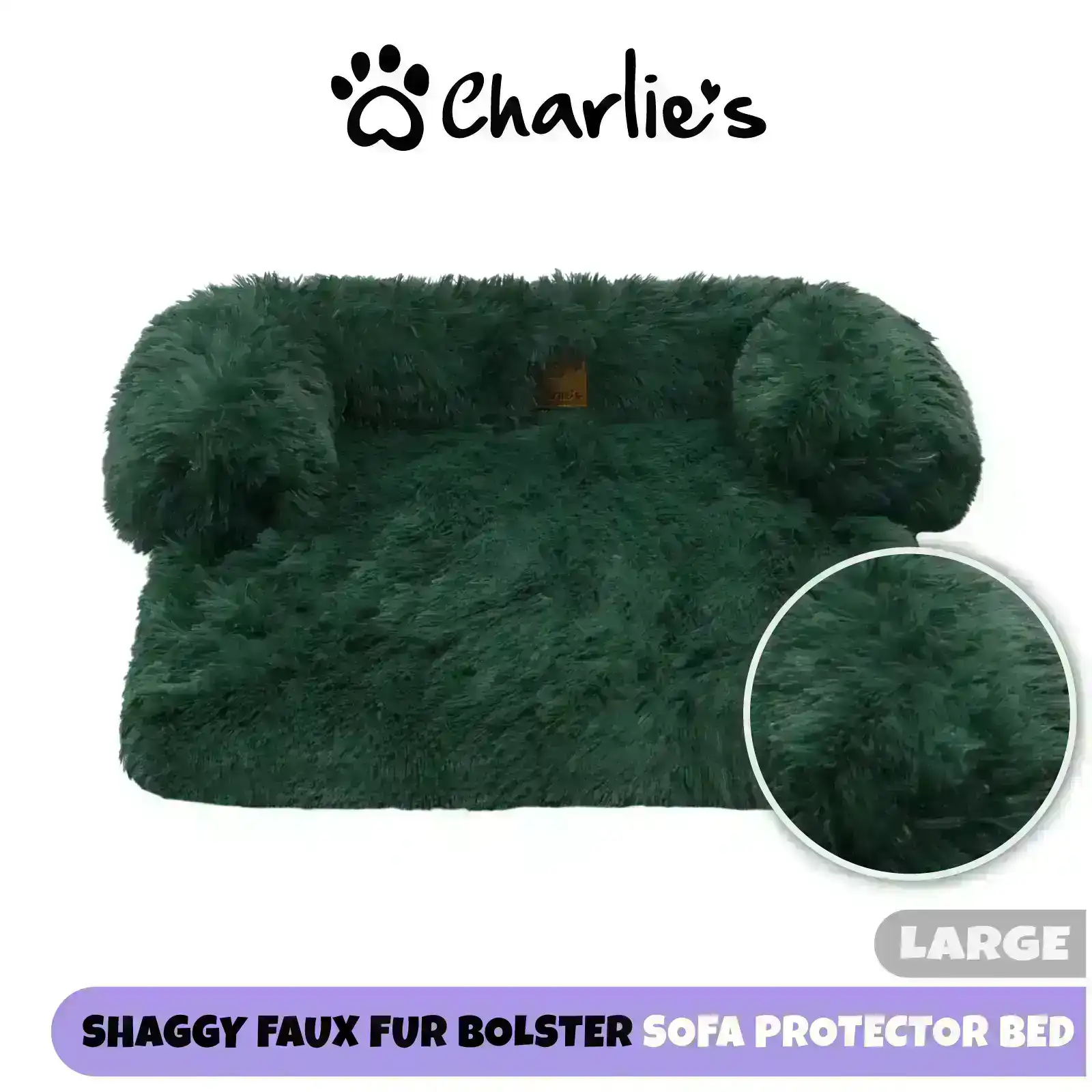 Charlie's Shaggy Faux Fur Bolster Sofa Protector Calming Dog Bed Eden Green Large