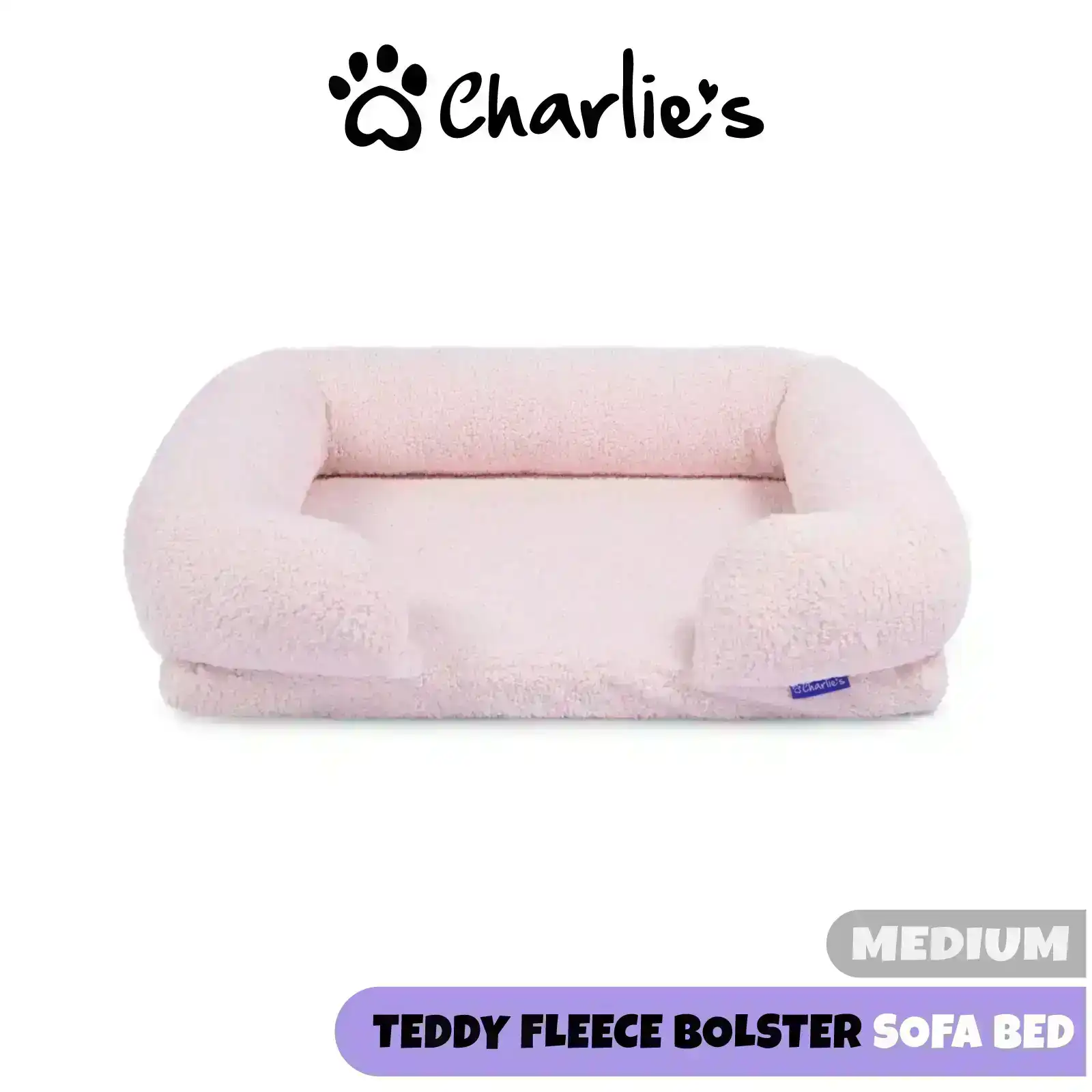 Charlie's Boucle Style Teddy Fleece Memory Foam Sofa Dog Bed with Bolster Pink Medium