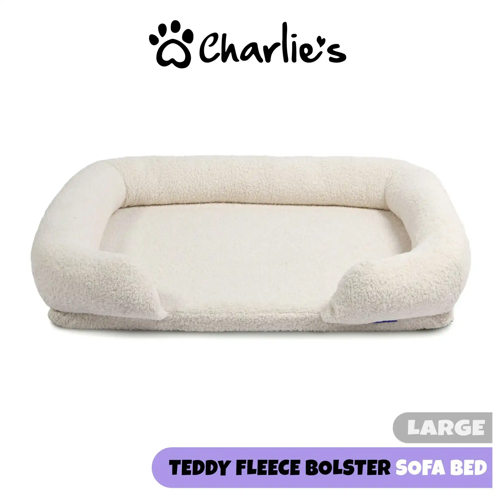 Charlie's Teddy Fleece Orthopedic Memory Foam Sofa Dog Bed with Bolster Cream Large