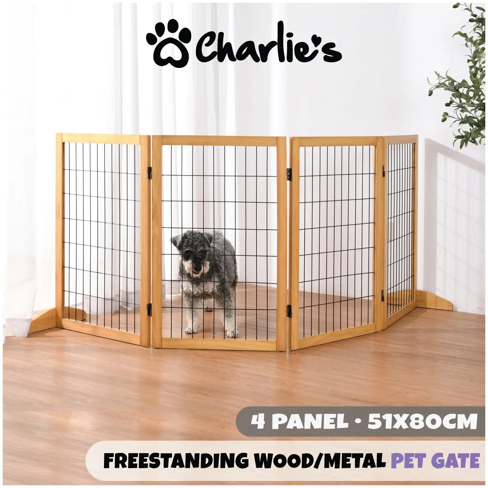 Charlie's Nature Freestanding Wood/Metal Pet Gate Natural Pinewood 4 Panel