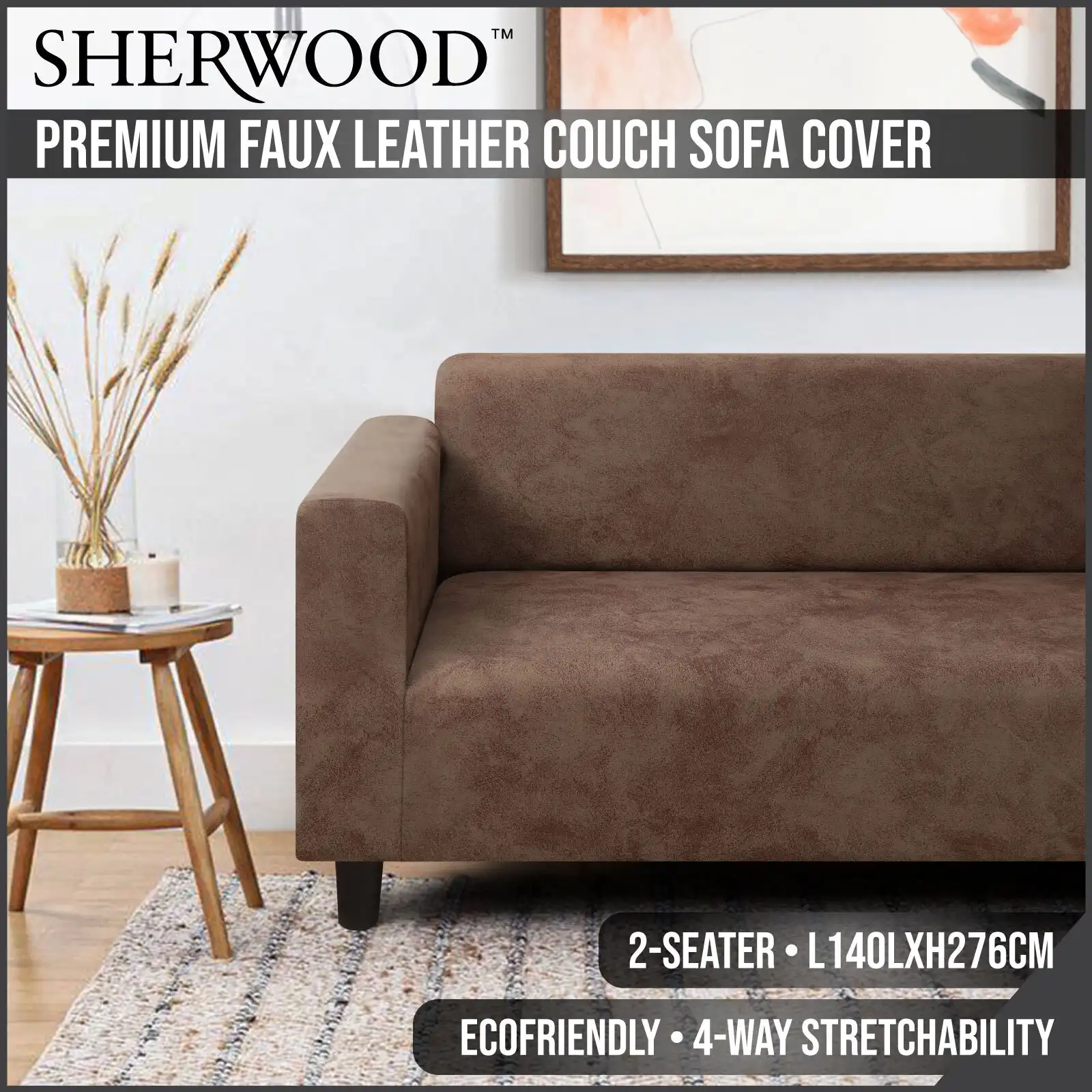 Sherwood Home Premium Faux Leather Light Brown 2 Seater Couch Sofa Cover