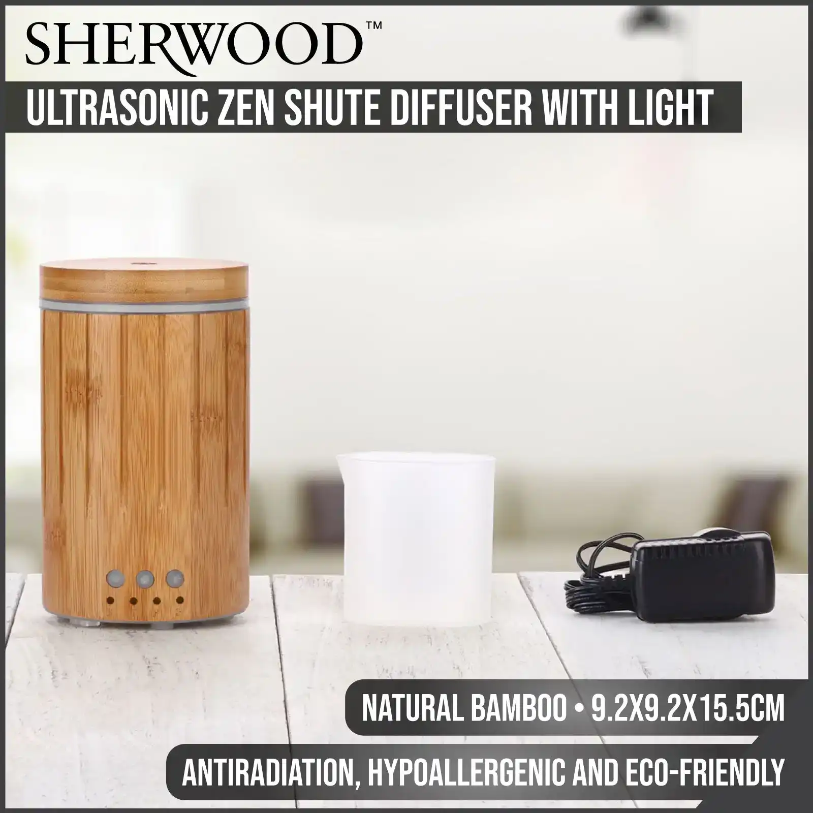 Sherwood Home Bamboo Ultrasonic Zen Shute Essential Oil Diffuser With Light - Natural Brown