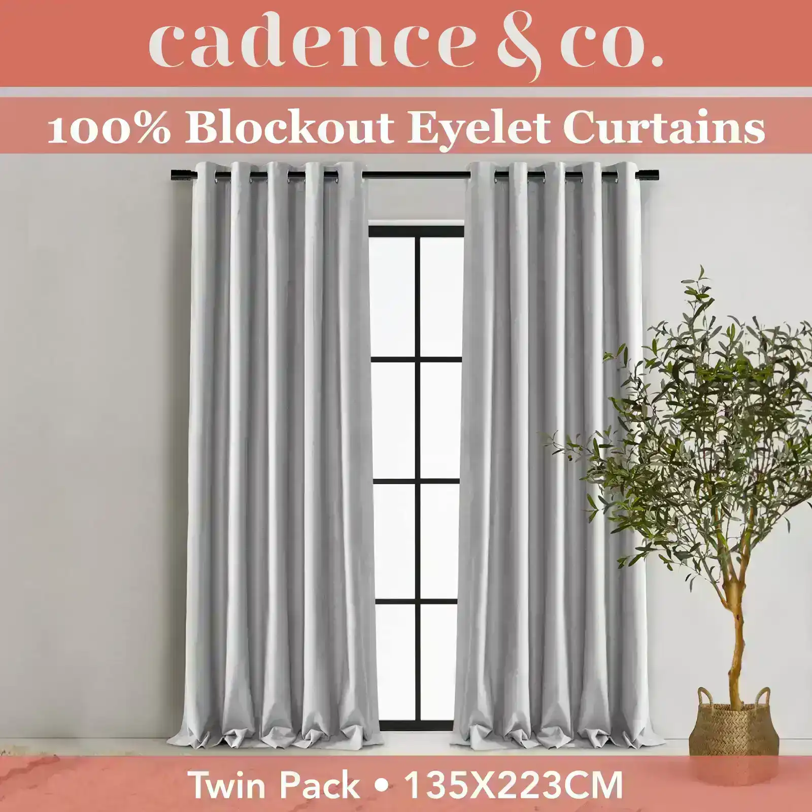 Cadence & Co Byron Matte Velvet 100% Blockout Eyelet Curtains Twin Pack Silver 135x223cm
