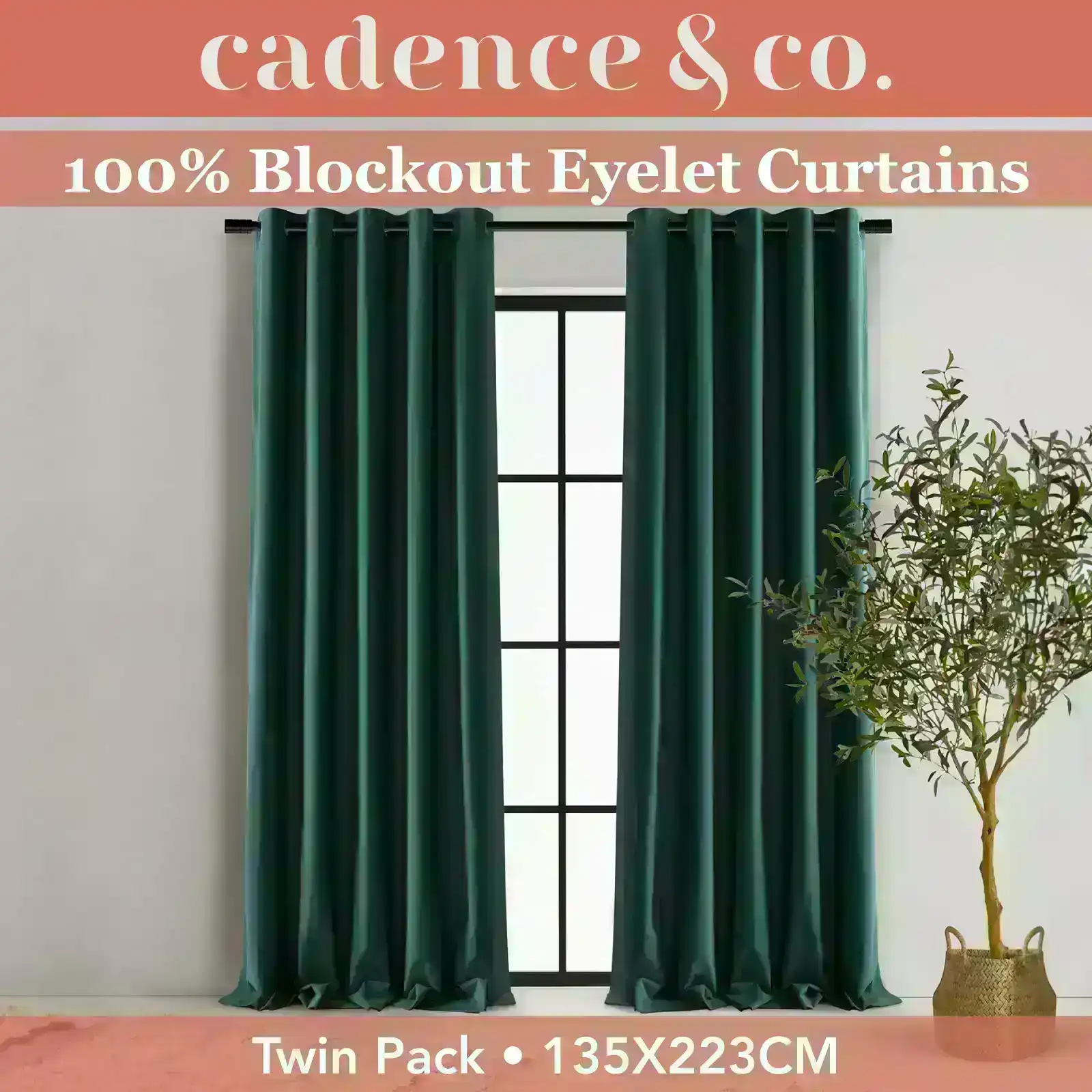 Cadence & Co Byron Matte Velvet 100% Blockout Eyelet Curtains Twin Pack Hunter Green 135x223cm