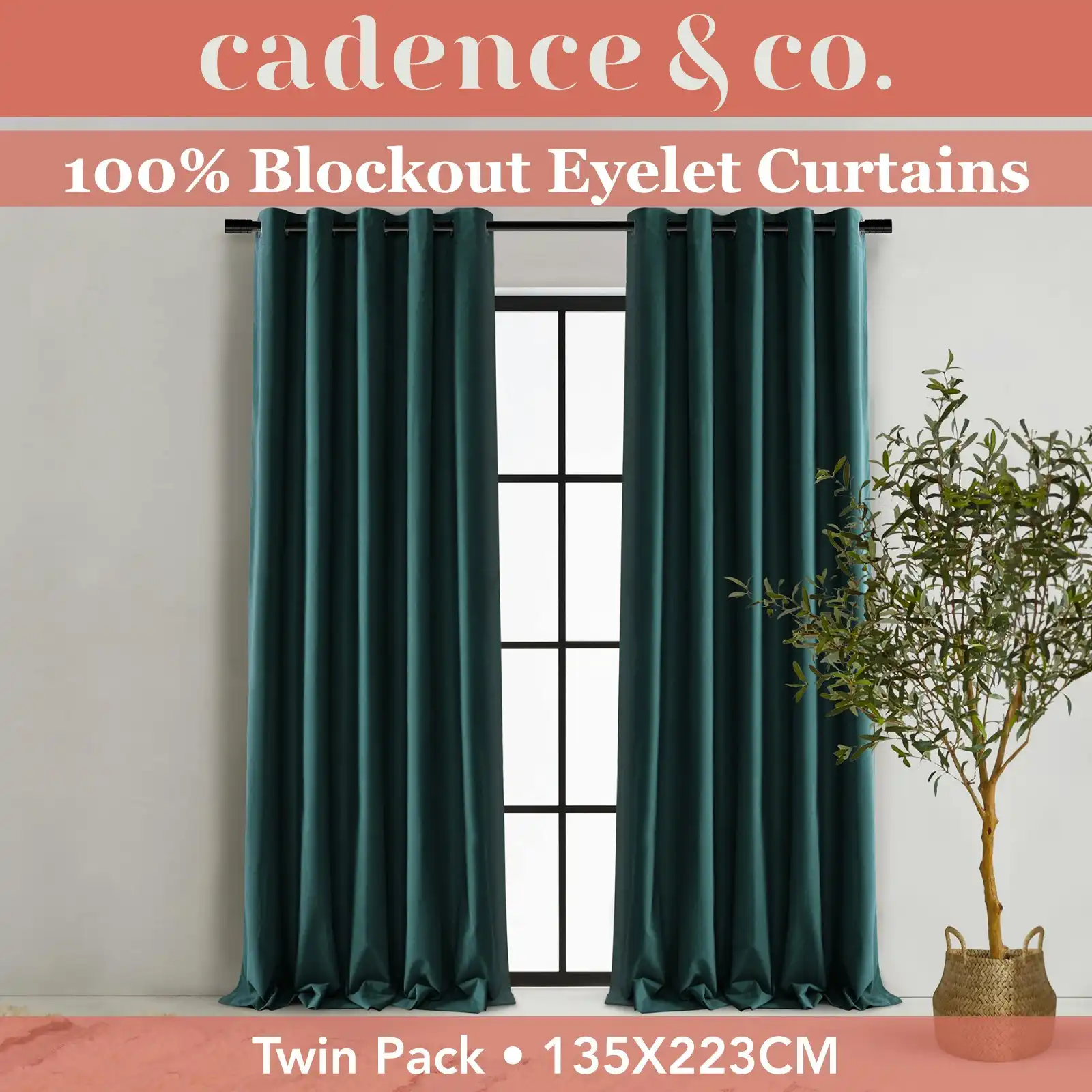 Cadence & Co. Byron Matte Velvet 100% Blockout Eyelet Curtains Twin Pack Deep Teal 135x223cm