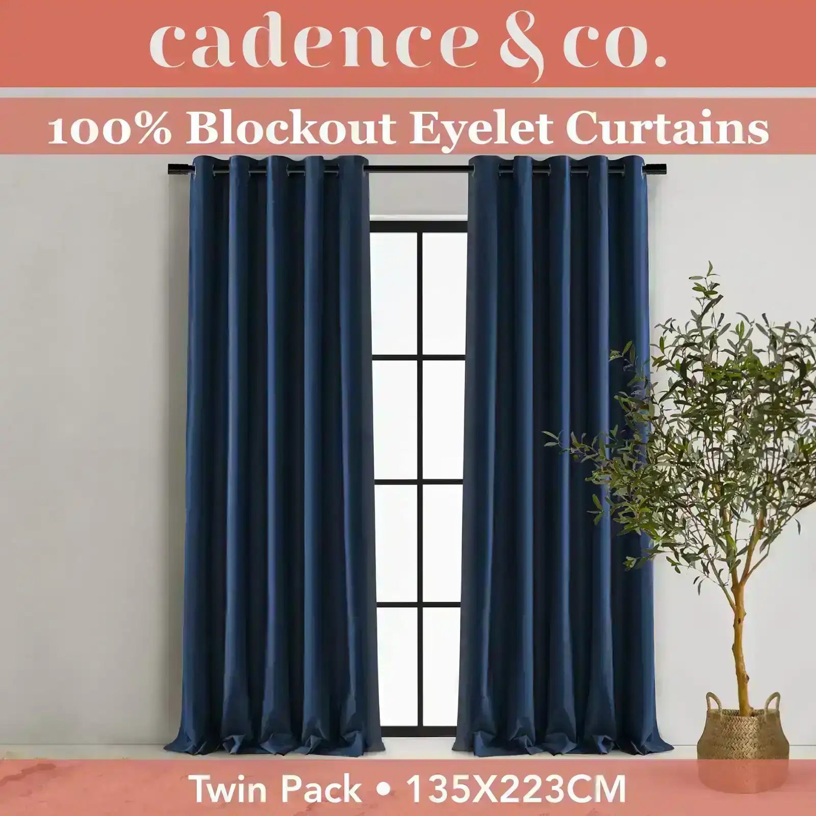 Cadence & Co Byron Matte Velvet 100% Blockout Eyelet Curtains Twin Pack Navy Blue 135x223cm