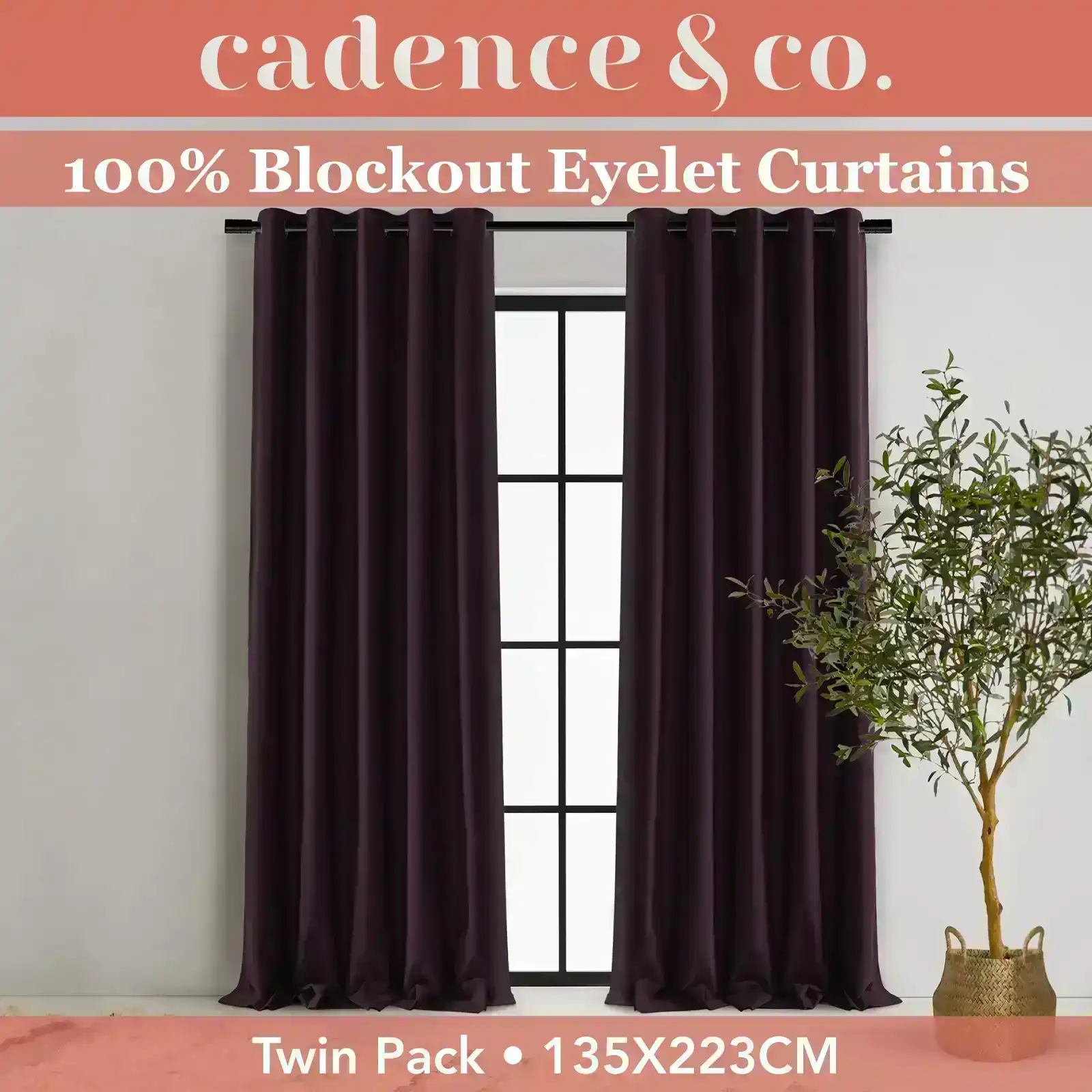 Cadence & Co Byron Matte Velvet 100% Blockout Eyelet Curtains Twin Pack Aubergine 135x223cm