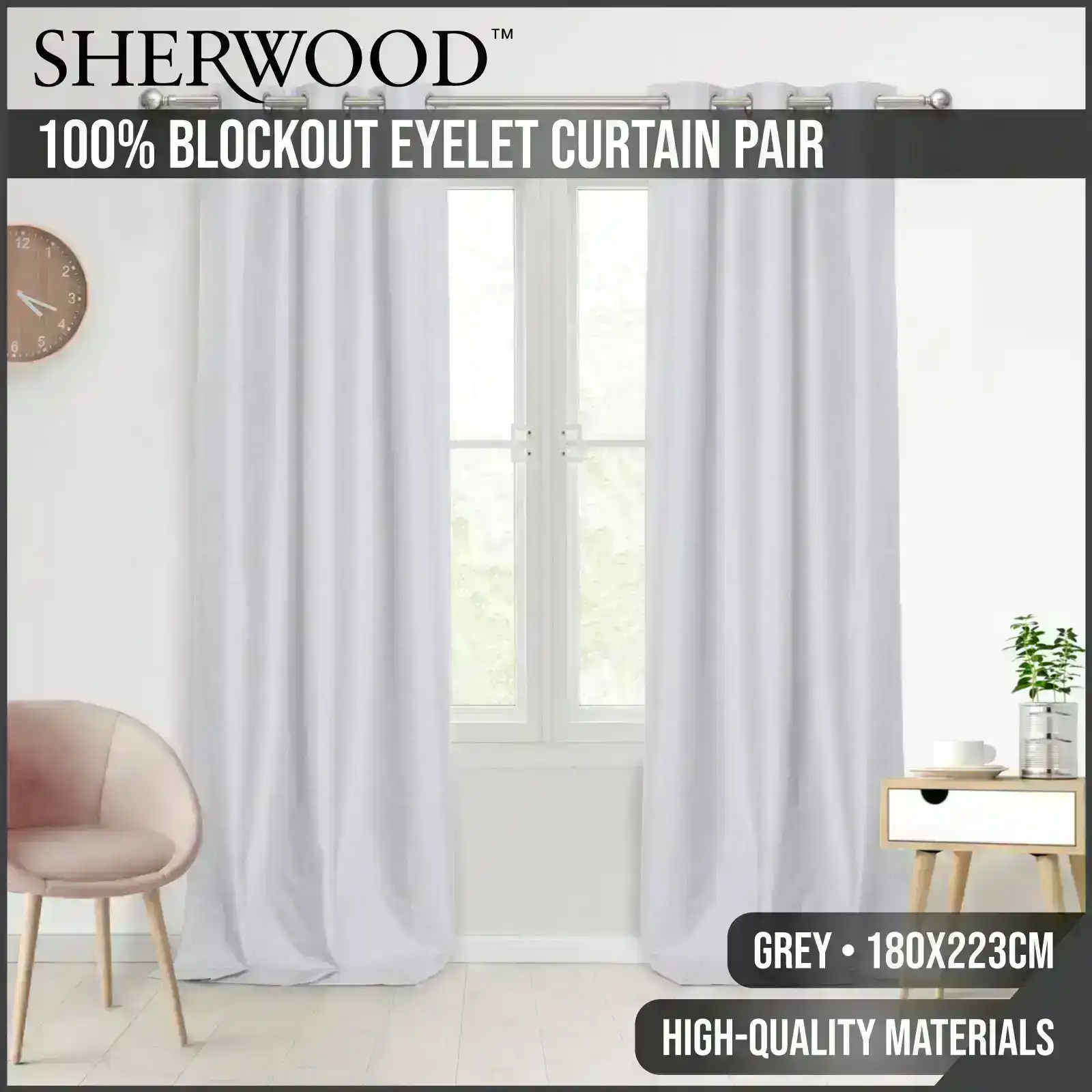 Sherwood Home 100% Blockout Eyelet Curtain Pair Grey 180x223cm