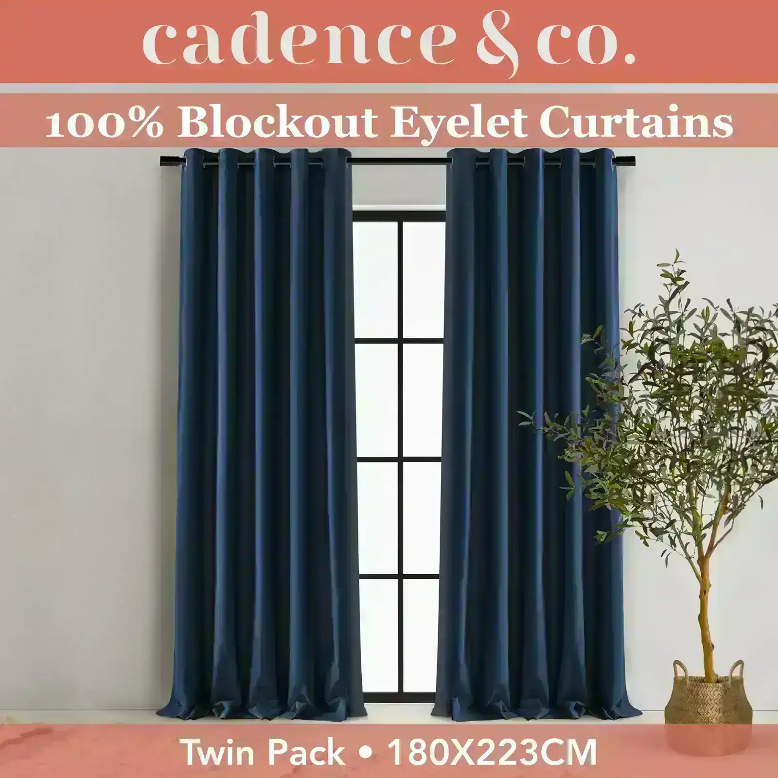 Cadence & Co Byron Matte Velvet 100% Blockout Eyelet Curtains Twin Pack Navy Blue 180x223cm