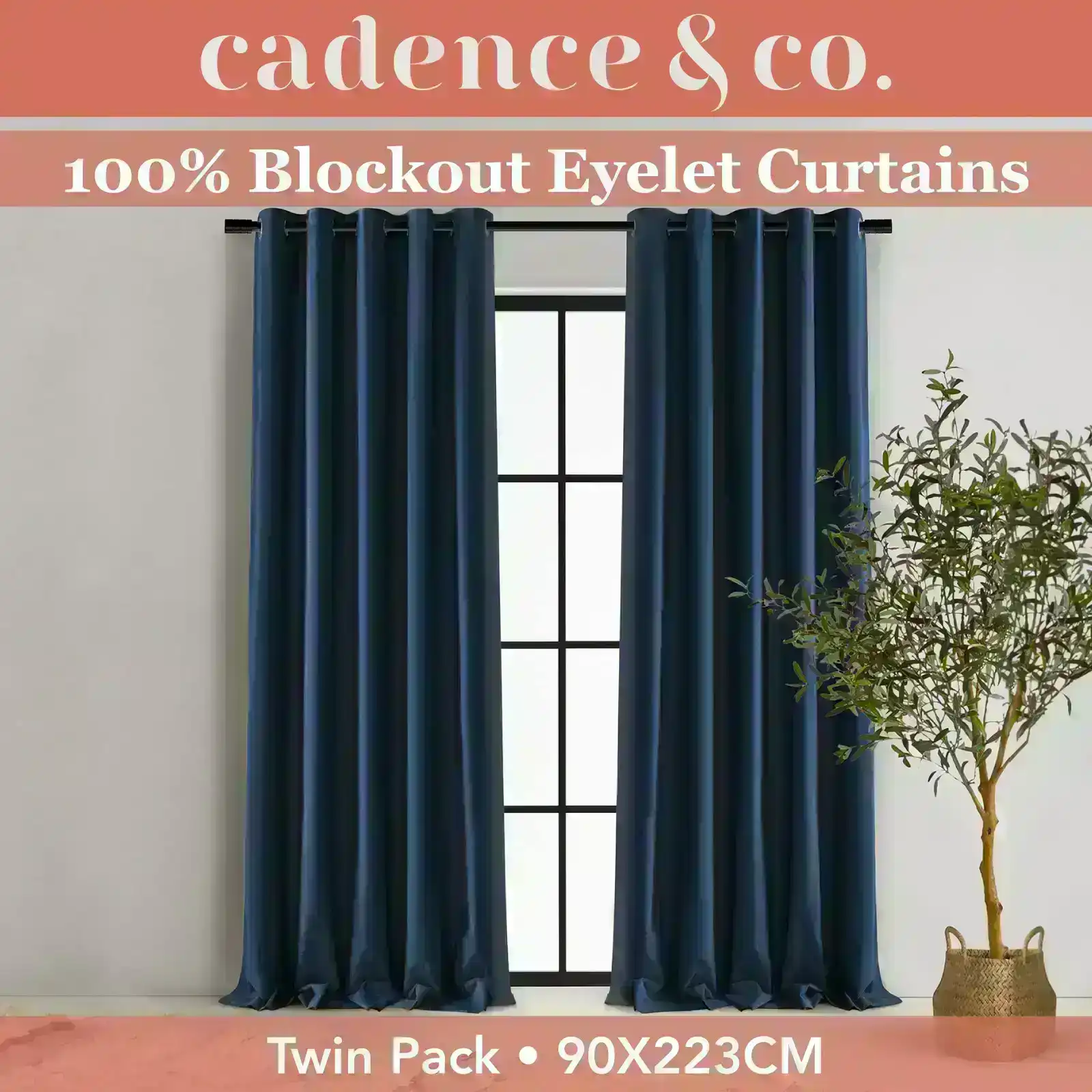 Cadence & Co Byron Matte Velvet 100% Blockout Eyelet Curtains Twin Pack Navy Blue 90x223cm