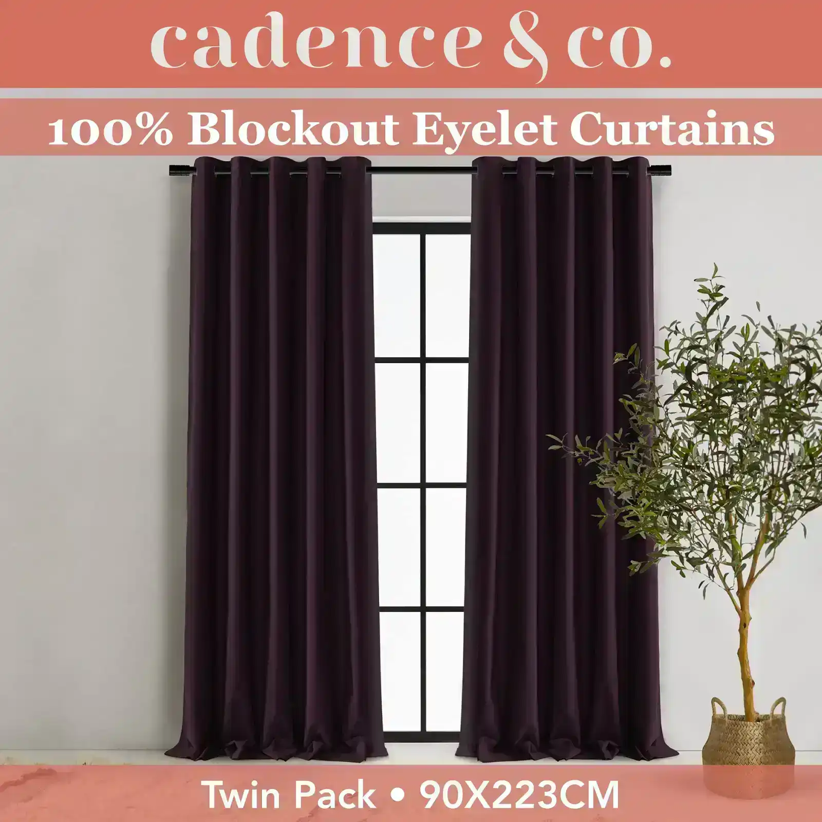 Cadence & Co Byron Matte Velvet 100% Blockout Eyelet Curtains Twin Pack Aubergine 90x223cm