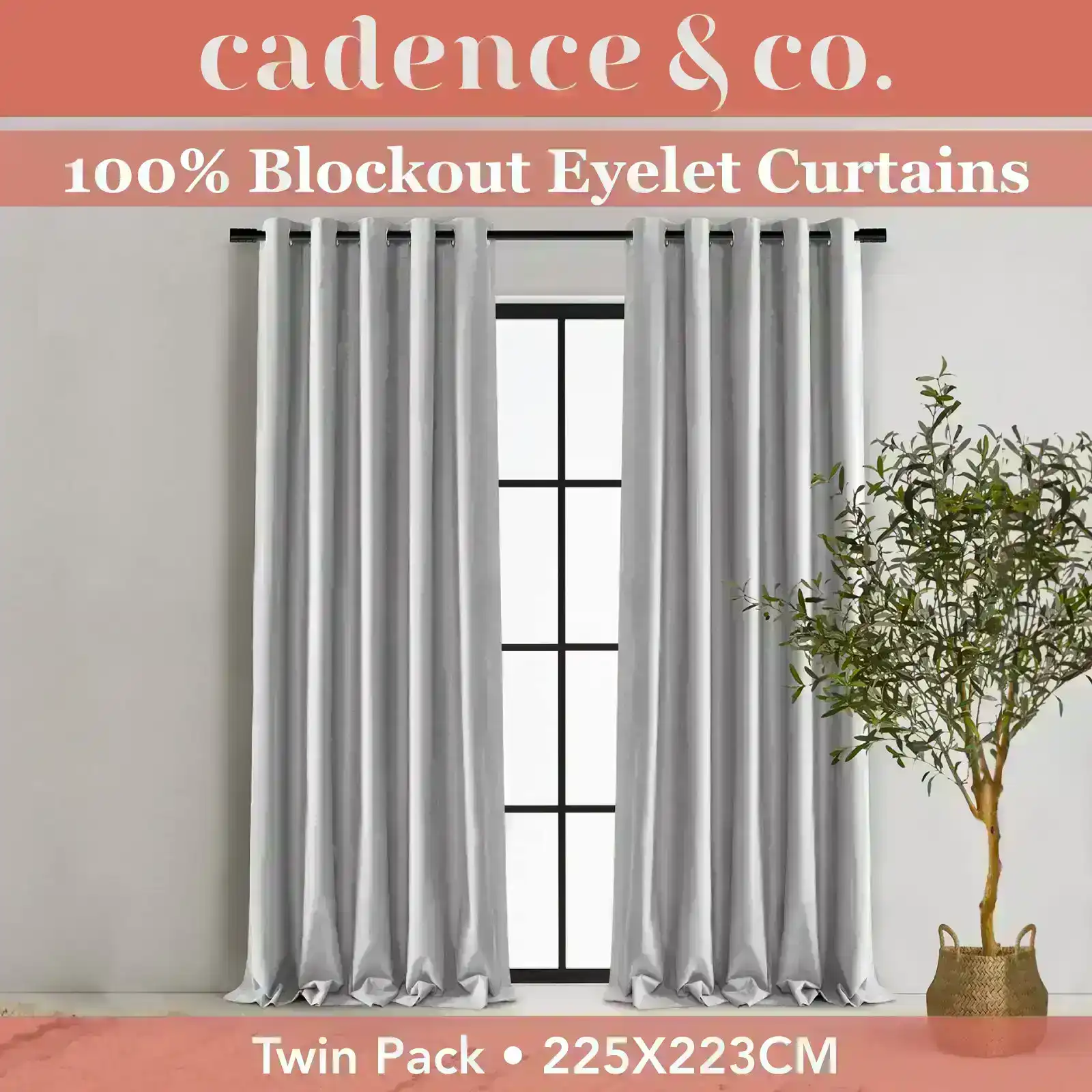 Cadence & Co Byron Matte Velvet 100% Blockout Eyelet Curtains Twin Pack Silver 225x223cm