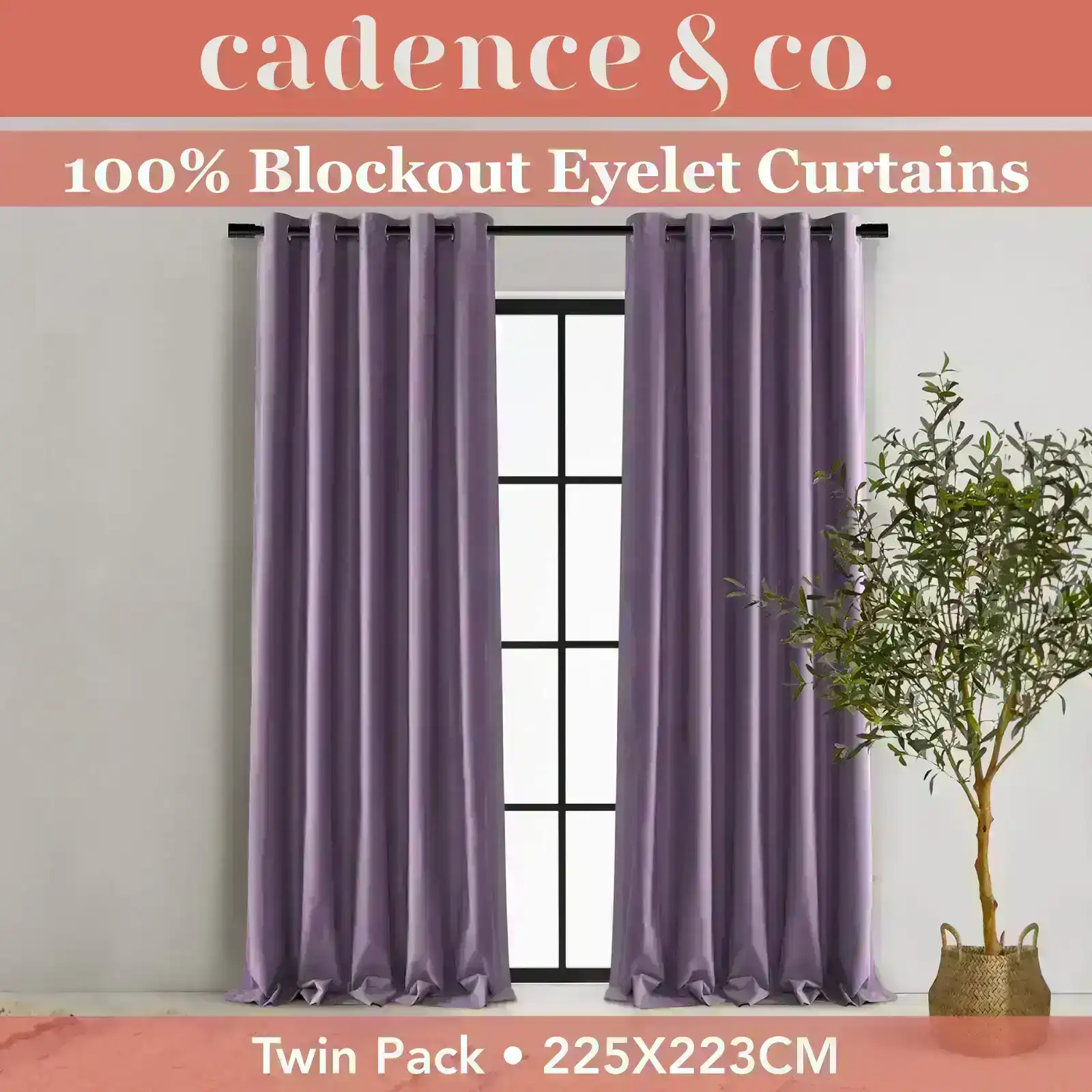 Cadence & Co Byron Matte Velvet 100% Blockout Eyelet Curtains Twin Pack Lilac 225x223cm