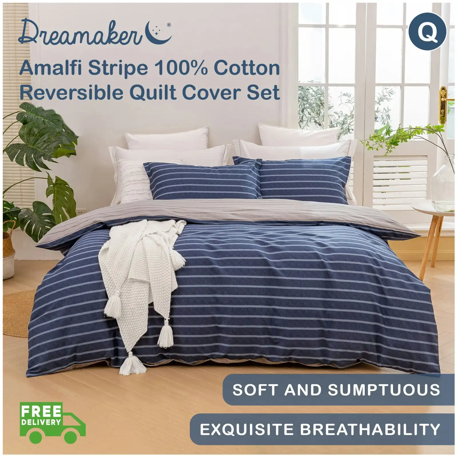 Dreamaker Amalfi Stripe 100% Cotton Reversible Quilt Cover Set Blue Queen Bed