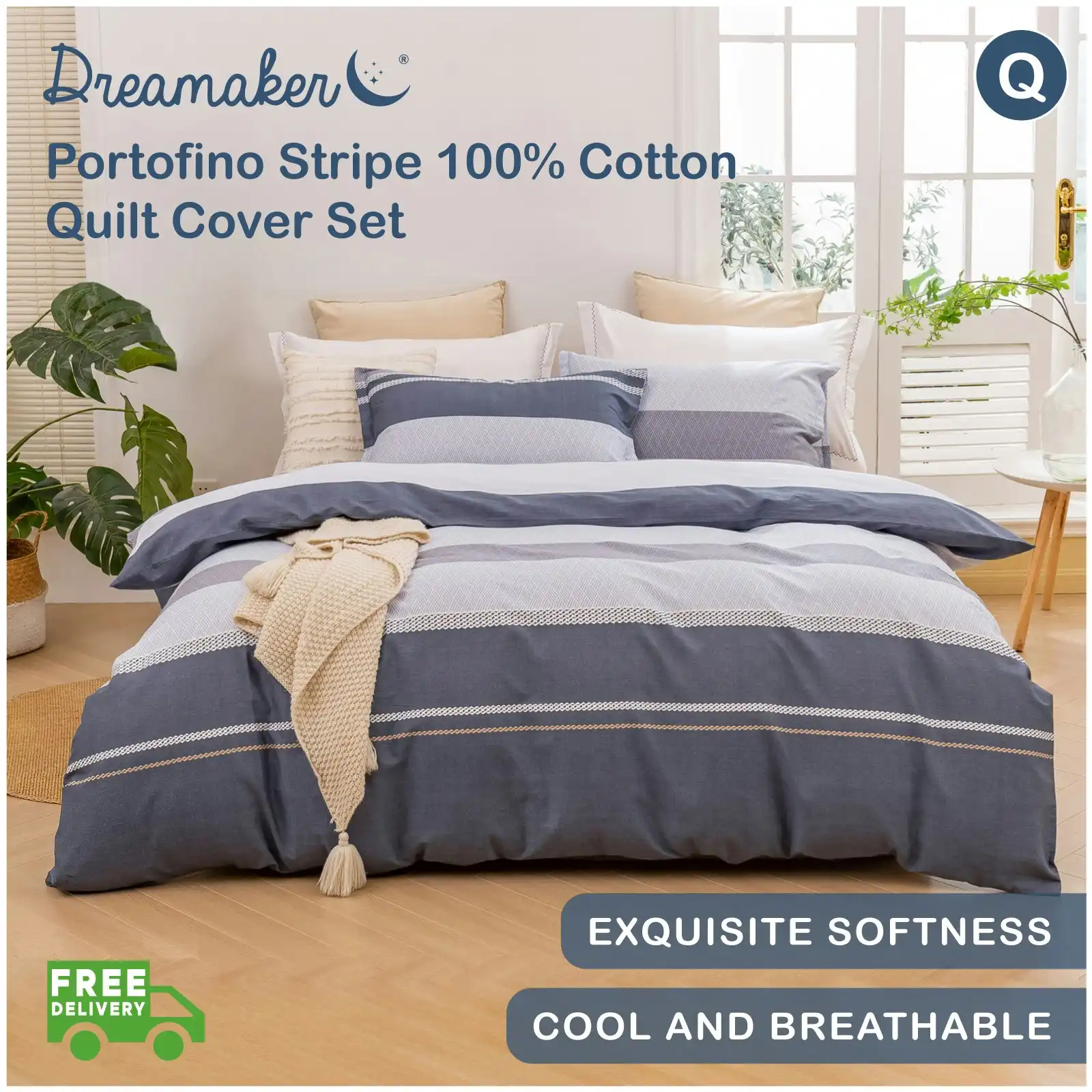 Dreamaker Portofino Stripe 100% Cotton Quilt Cover Set Blue Queen Bed